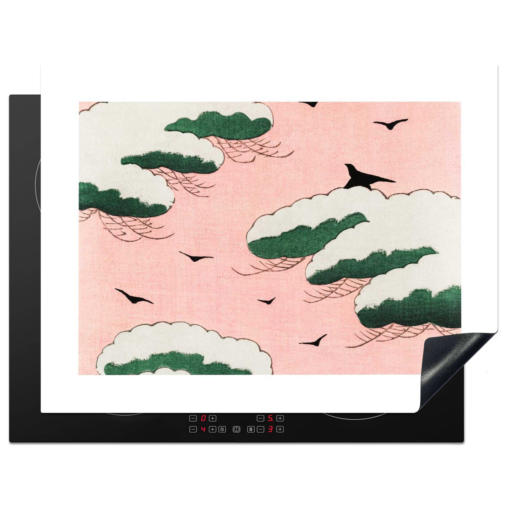 MuchoWow Herdblende-/Abdeckplatte Wolken - Vogel - Japandi - Jahrgang, Vinyl, (1 tlg), 77x59 cm, Ceranfeldabdeckung, Arbeitsplatte für küche