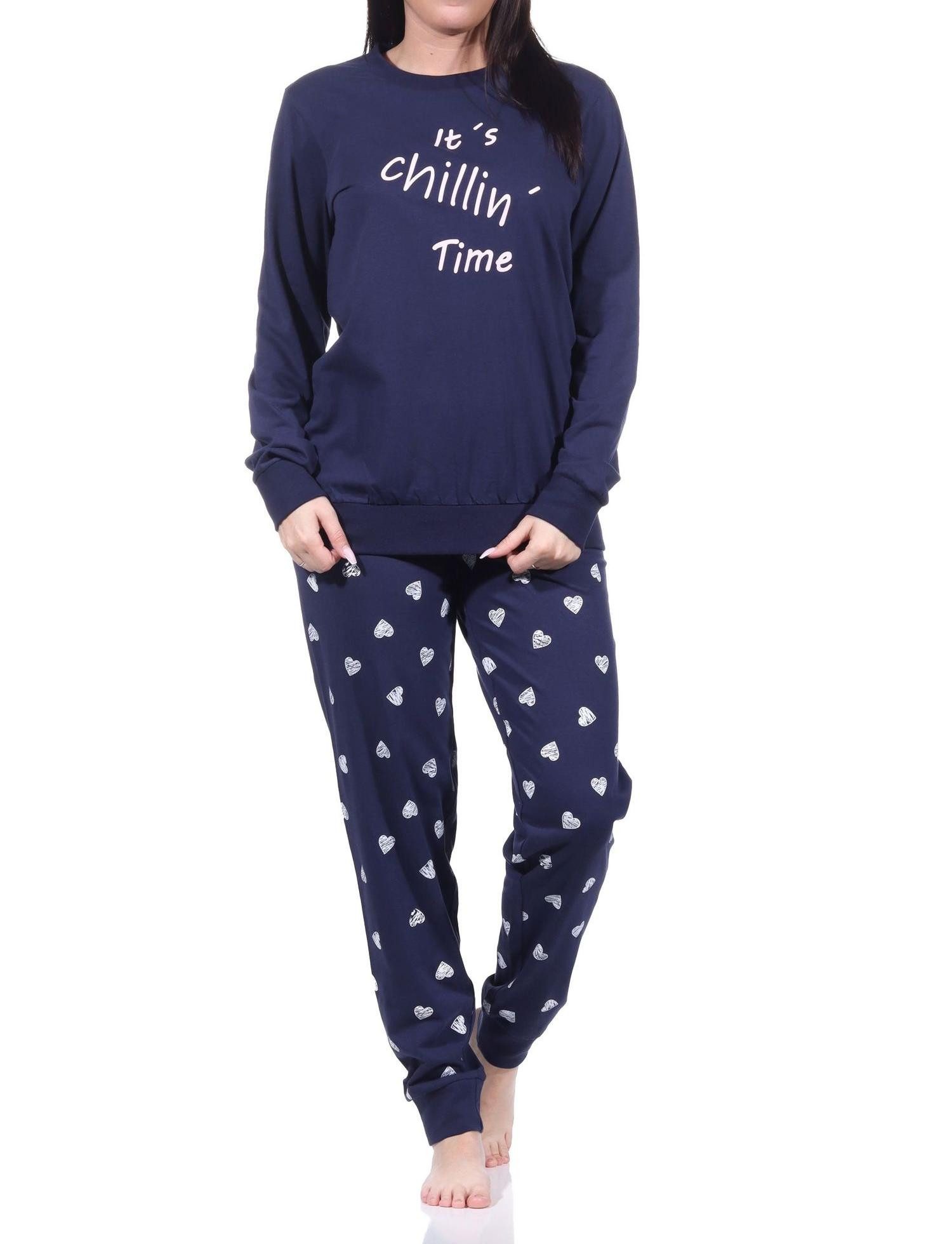 Normann Pyjama Normann Damen langarm Schlafanzug mit Bündchen in Herz Punkte Optik