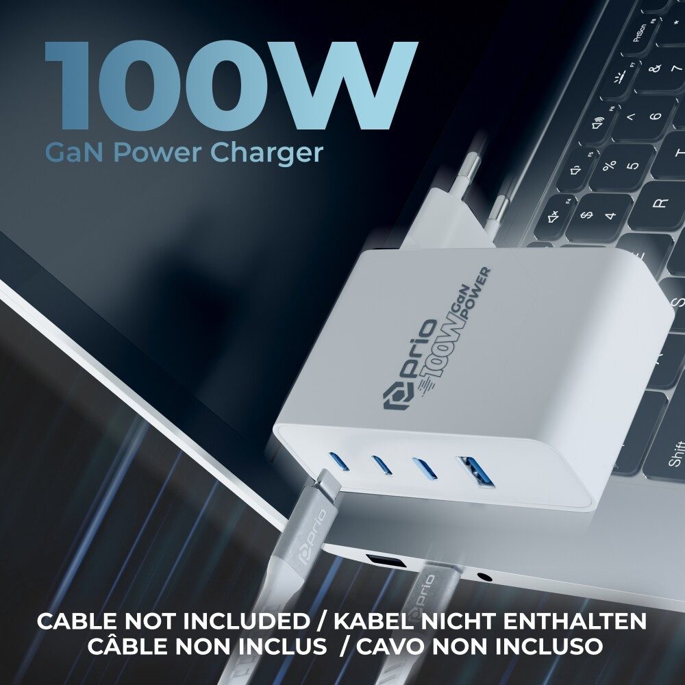 prio prio Wandladegerät GaN Power 100W PD PPS (USB-C) + QC 3.0 (USB-A) weiß Smartphone-Ladegerät (Ladegeräte, 1-tlg)
