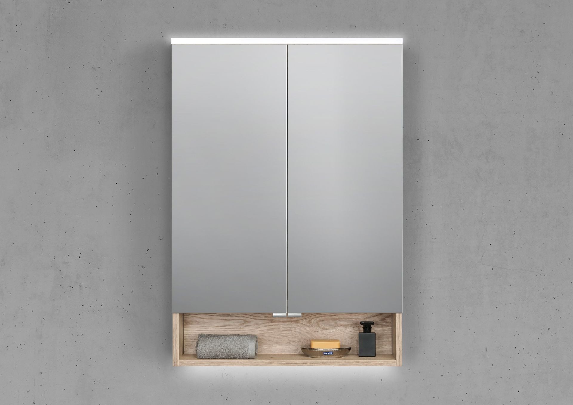 Intarbad Badezimmerspiegelschrank 2-türiger Spiegelschrank mit offenem Fach, MULTI LED Beleuchtung (Doppelspiegeltüren, Holz-/ Lackdekore, Maße von 60 bis 120 cm wählbar, Höhe 86 cm, Glasfachböden, Magnetleiste & Kosmetikspiegel Ø 12 cm) Vormontierte Lieferung, Floatglas, 160 kg Traglast, Made in Germany