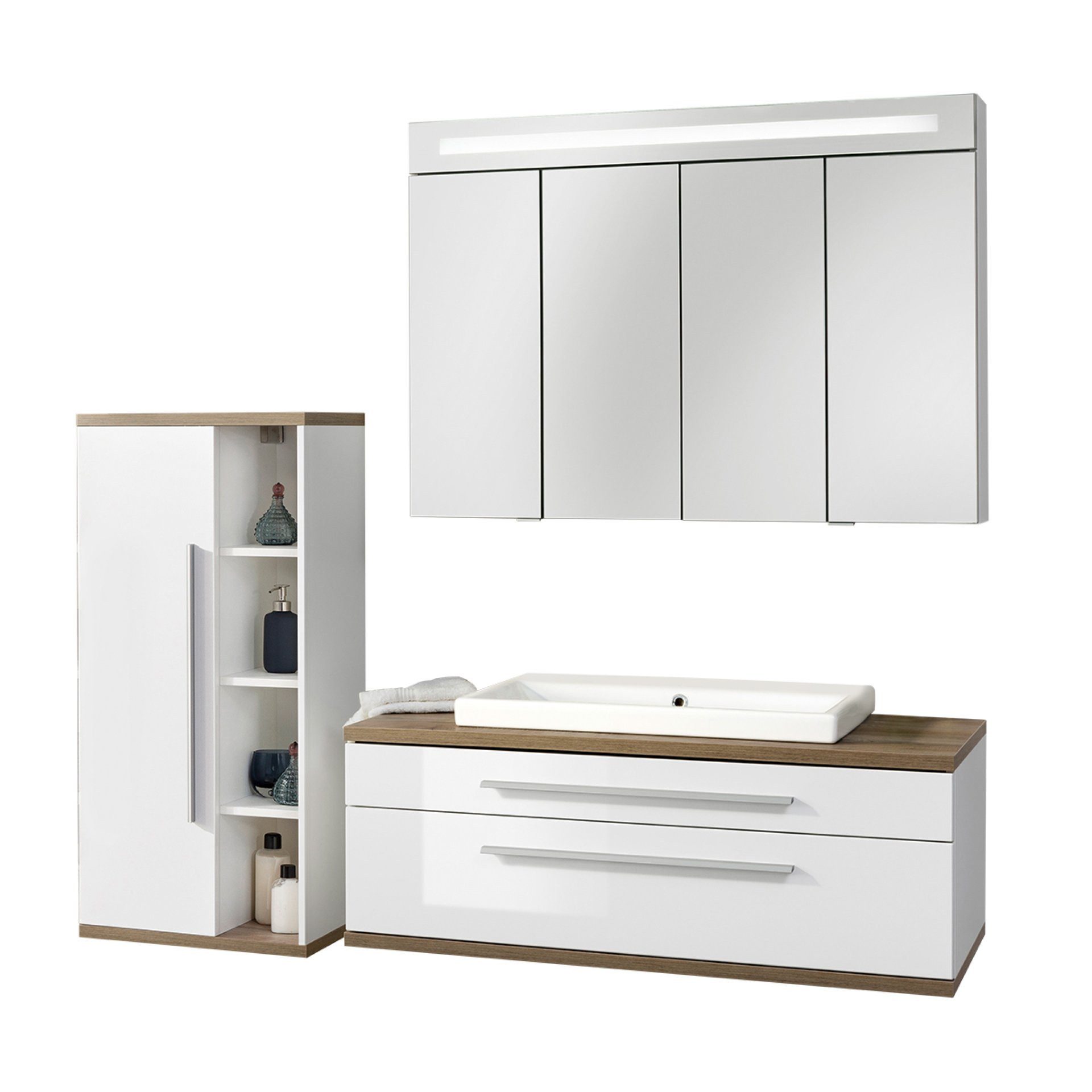FACKELMANN Badmöbel-Set STANFORD 110 cm breit, Weiß, Keramik+Spiegelschrank+Midischrank