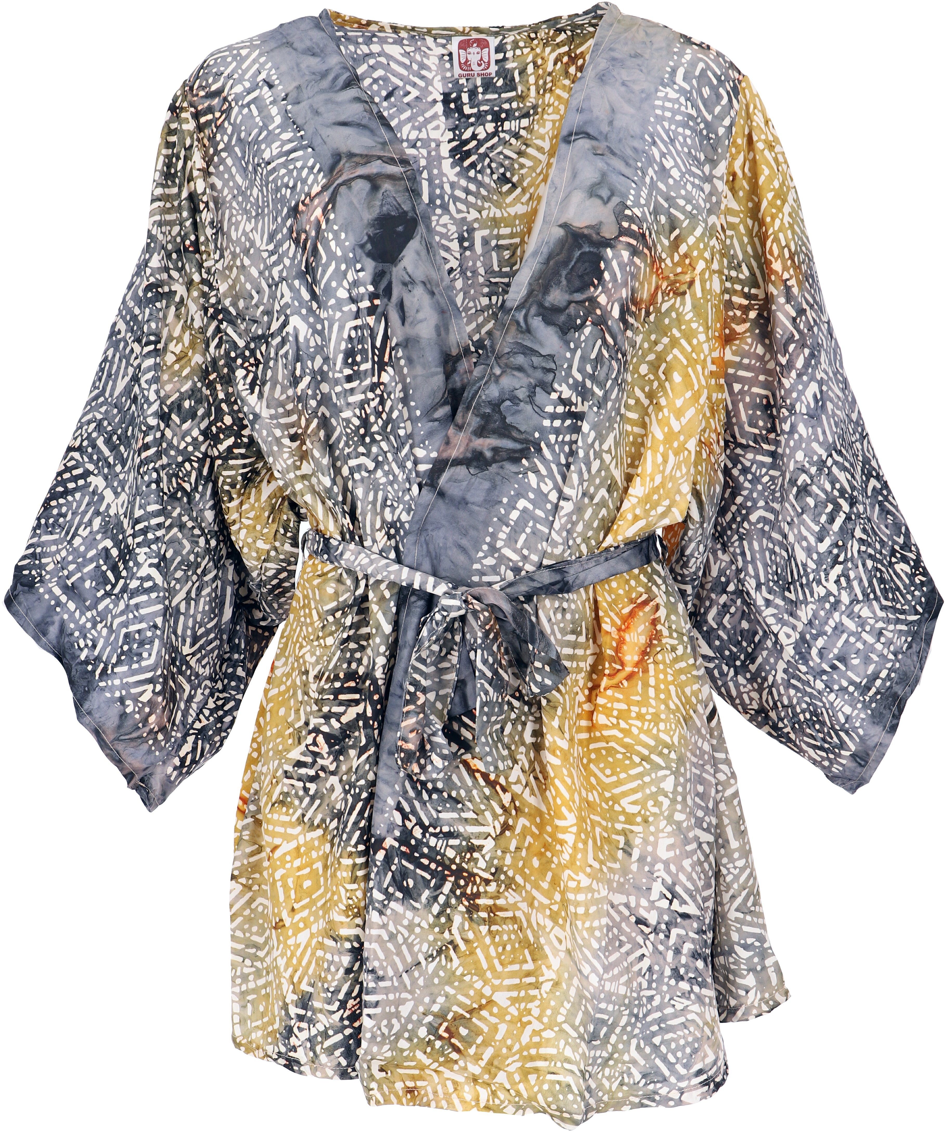 Guru-Shop Kimono Kimonojäckchen, kurzer Boho Kimono, Kimonokleid.., alternative Bekleidung grau/caramel