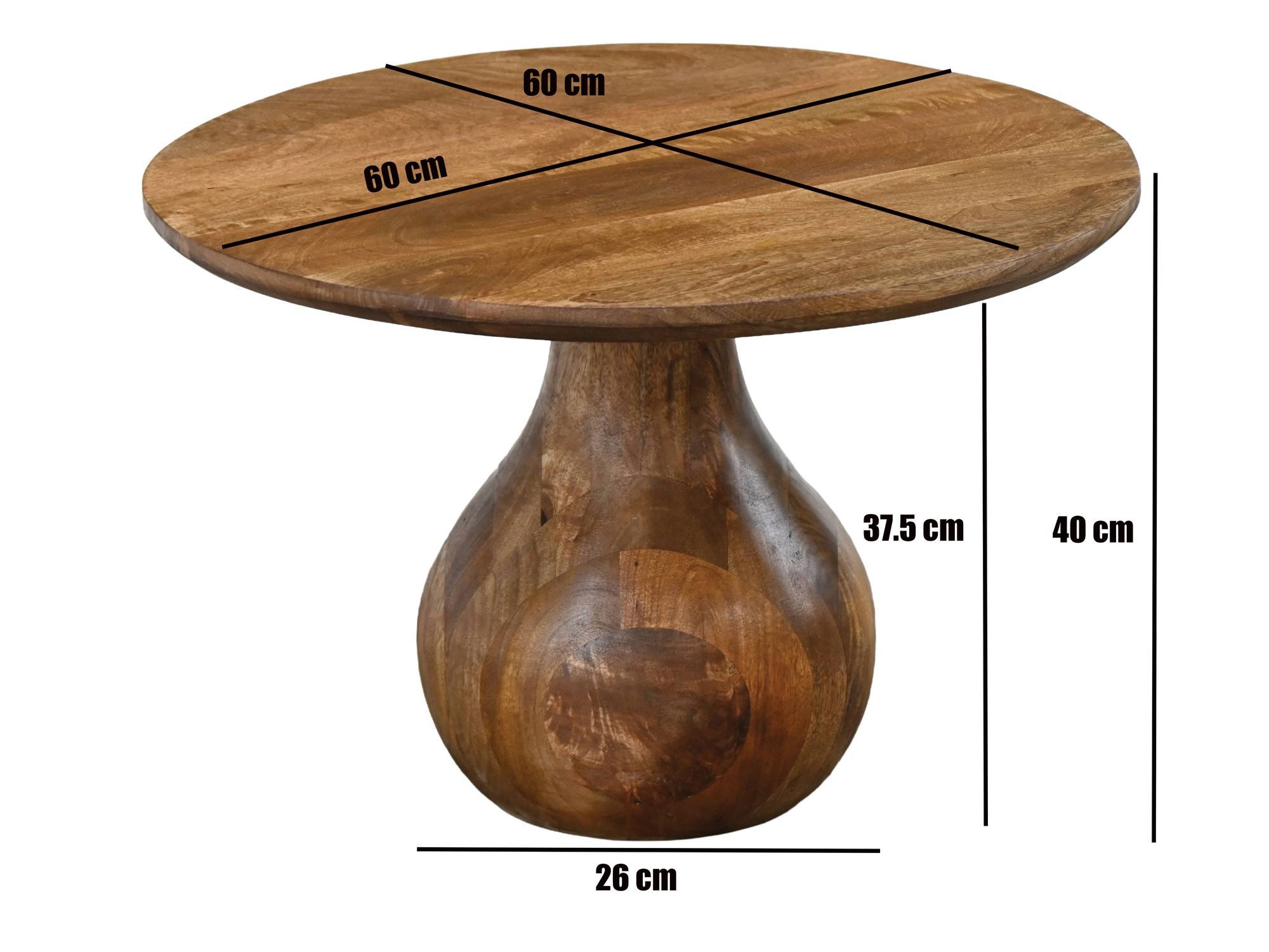 FINEBUY Couchtisch FB117749 Massivholz 60cm Wohnzimmertisch Sofatisch Beistelltisch Tisch (Skulpturaler Wohnzimmertisch aus Mangoholz), Runder Kaffeetisch mit markantem Tropfenfuß