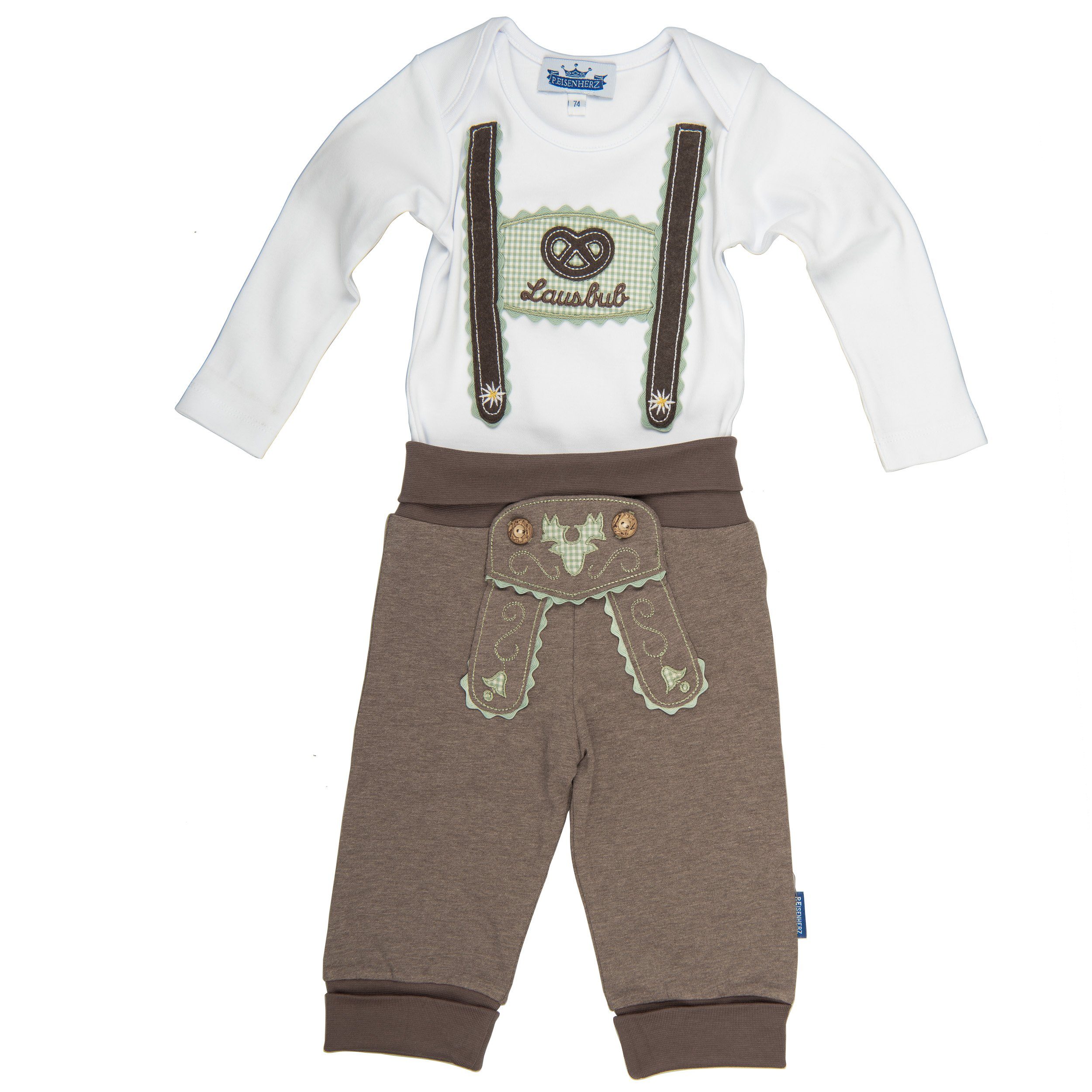 P.Eisenherz Body & Hose Trachten Set für Lausbuben im Geschenkkarton (lang (2-tlg) Baby Body mit langem Arm und appliziertem Hosenträger und Baby Jogginghose im Lederhosen Look