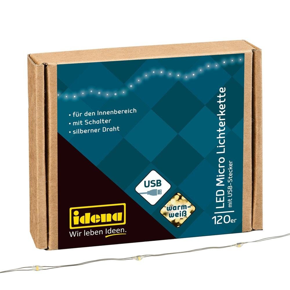 Idena LED-Lichterkette 120er, Micro-LED, mit USB-Stecker, warmweiß, 13,4 m, mit Schalter, Warmweiße Micro-LEDs
