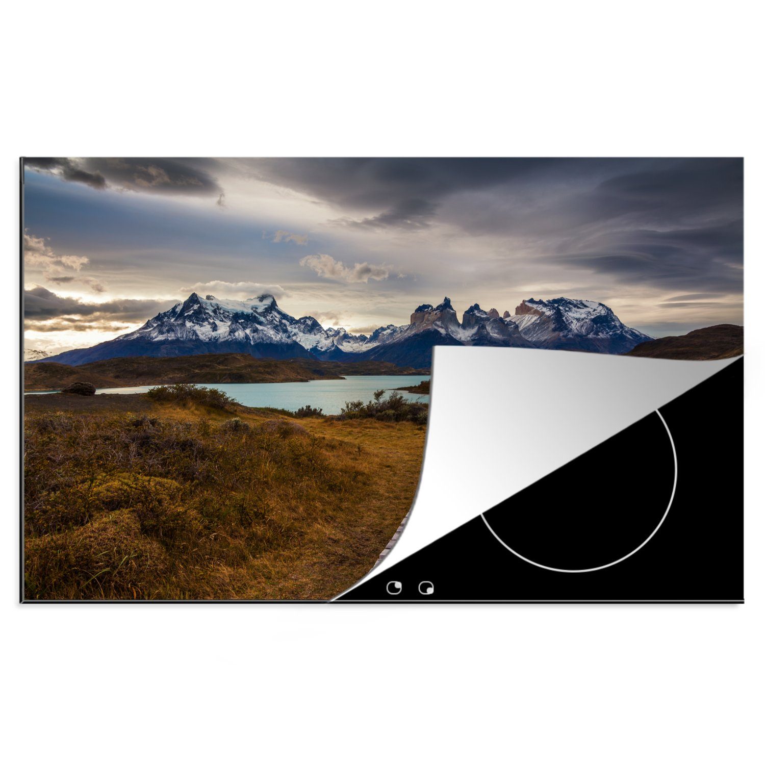 MuchoWow Herdblende-/Abdeckplatte Torres del Paine See Pehoe mit einem authentischen Steigrohr, Vinyl, (1 tlg), 81x52 cm, Induktionskochfeld Schutz für die küche, Ceranfeldabdeckung