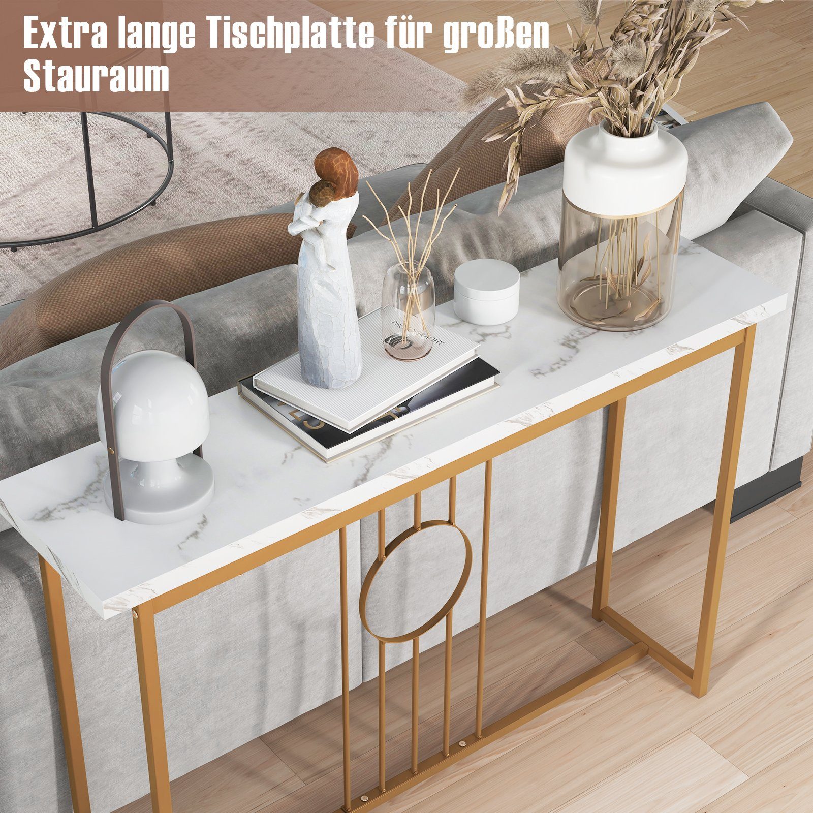 COSTWAY Konsolentisch, Mamor, schmal, Metallgestell, gold, 120x30x80,5cm