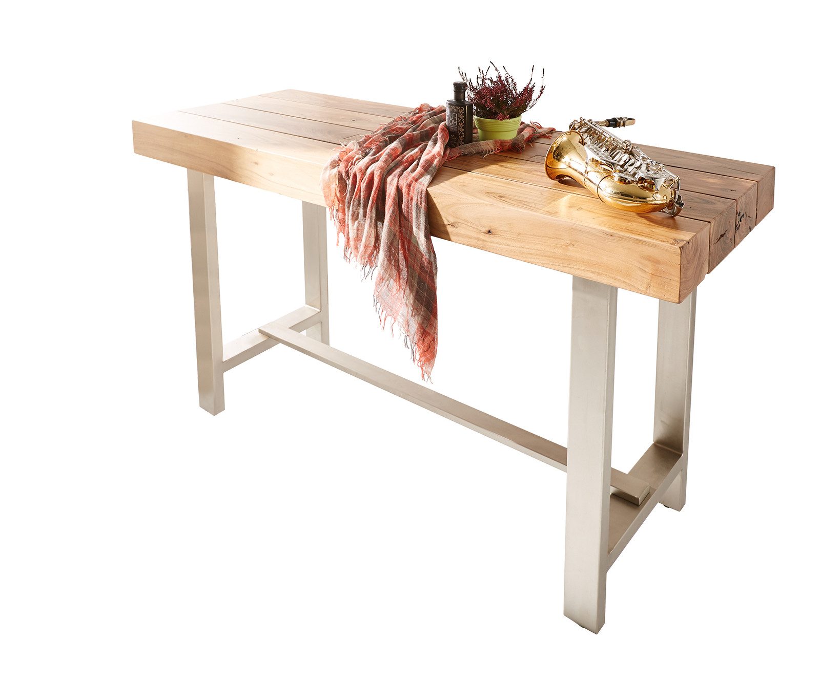 DELIFE Bartisch Blokk, Akazie Natur 165x60 cm Metallgestell Bartisch