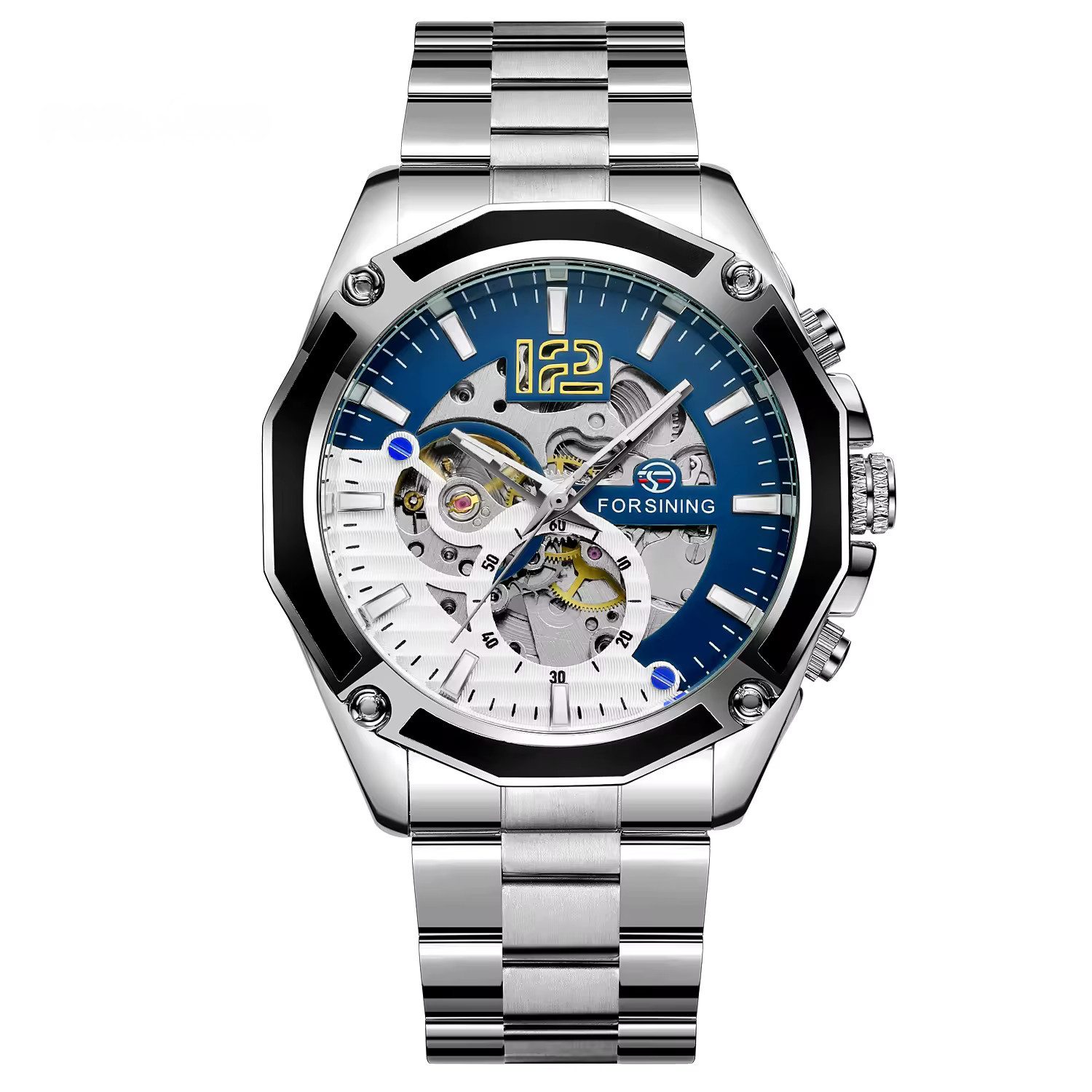 Rötting Design Automatikuhr Herrenuhr Armbanduhr Marke Forsining Skelett blau weißes Ziffernblatt, Edelstahl, Skelett Ziffernblatt