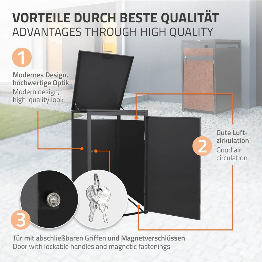 ML-DESIGN Mülltonnenbox Müllbox aus Stahl wetterfeste Mülltonnen Verkleidung Mülltonnengarage, Mülltonnencontainer mit Klappdeckel/Tür für 1 Tonne 120 oder 240 Liter