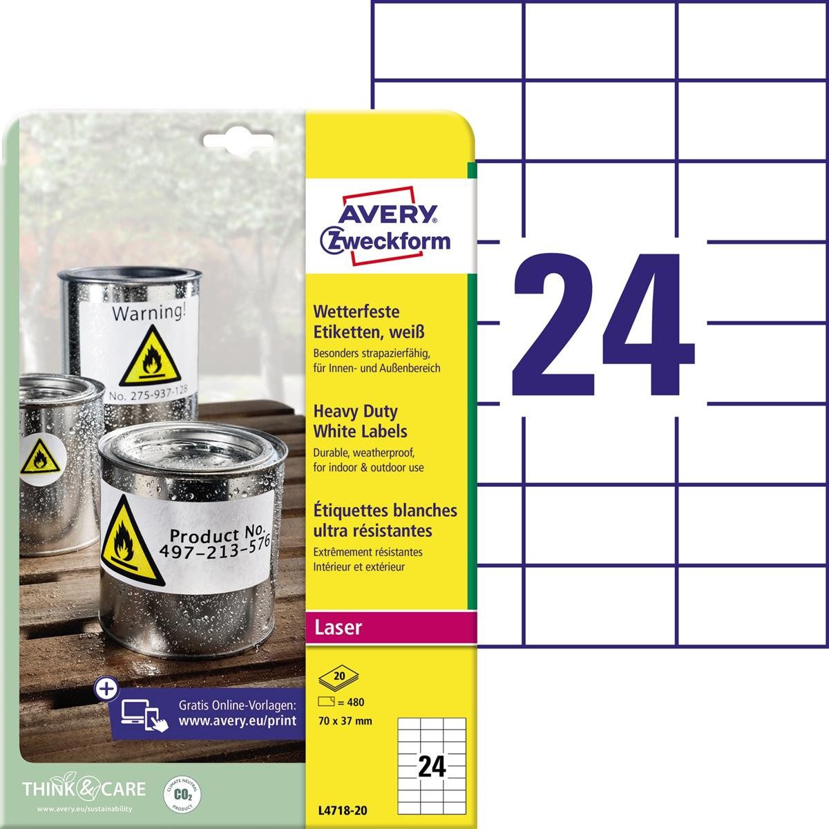 Avery Zweckform Etikett Zweckform wetterfeste Folienetiketten L4718-20 weiß 70,0 x 37,0 mm