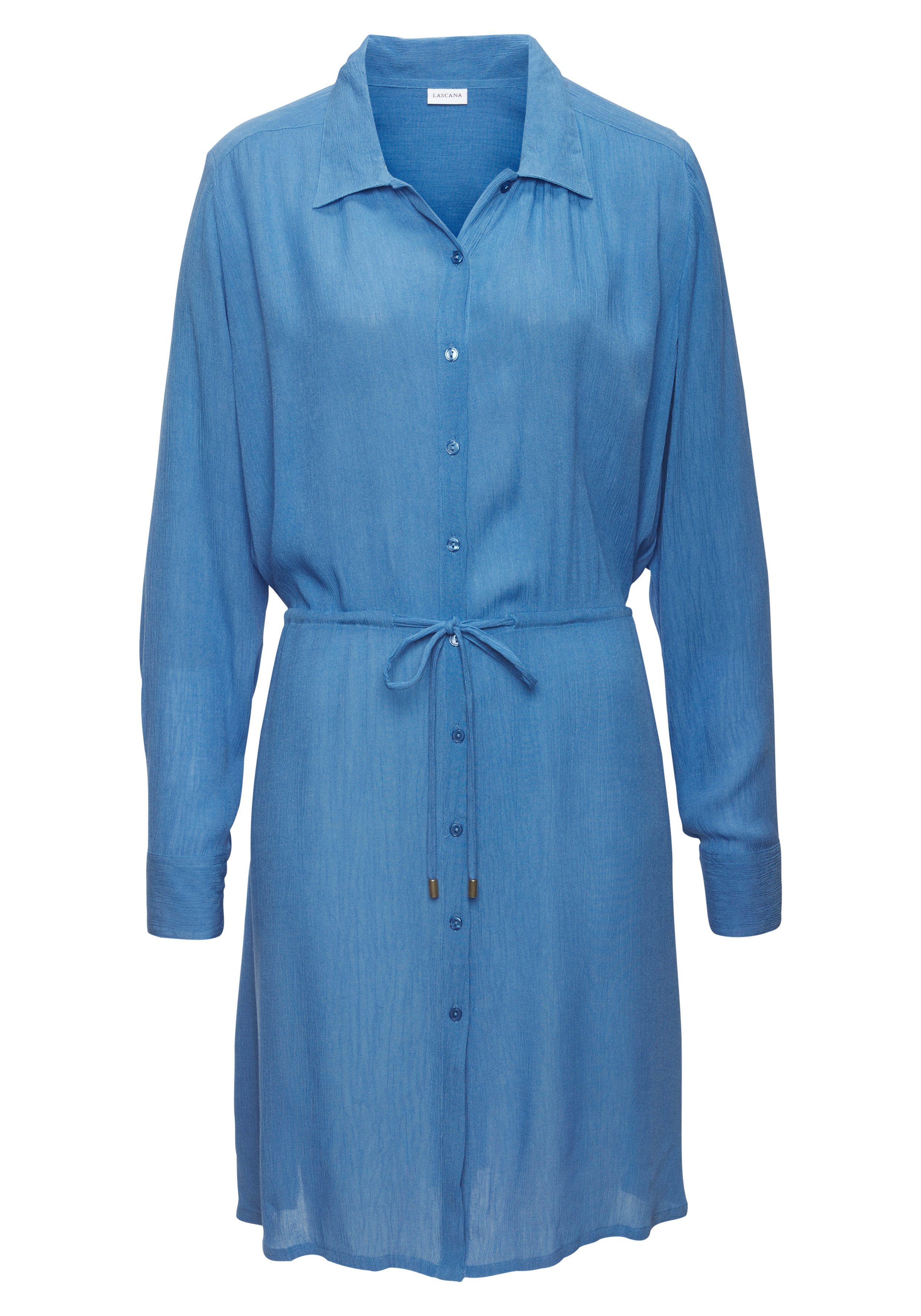 LASCANA Strandkleid in leichter Crepe-Qualität mit variablem Tunnelzug in der Taille kurzes Hemdblusenkleid, Sommerkleid, Longbluse mit langen Ärmeln. € 49,99
