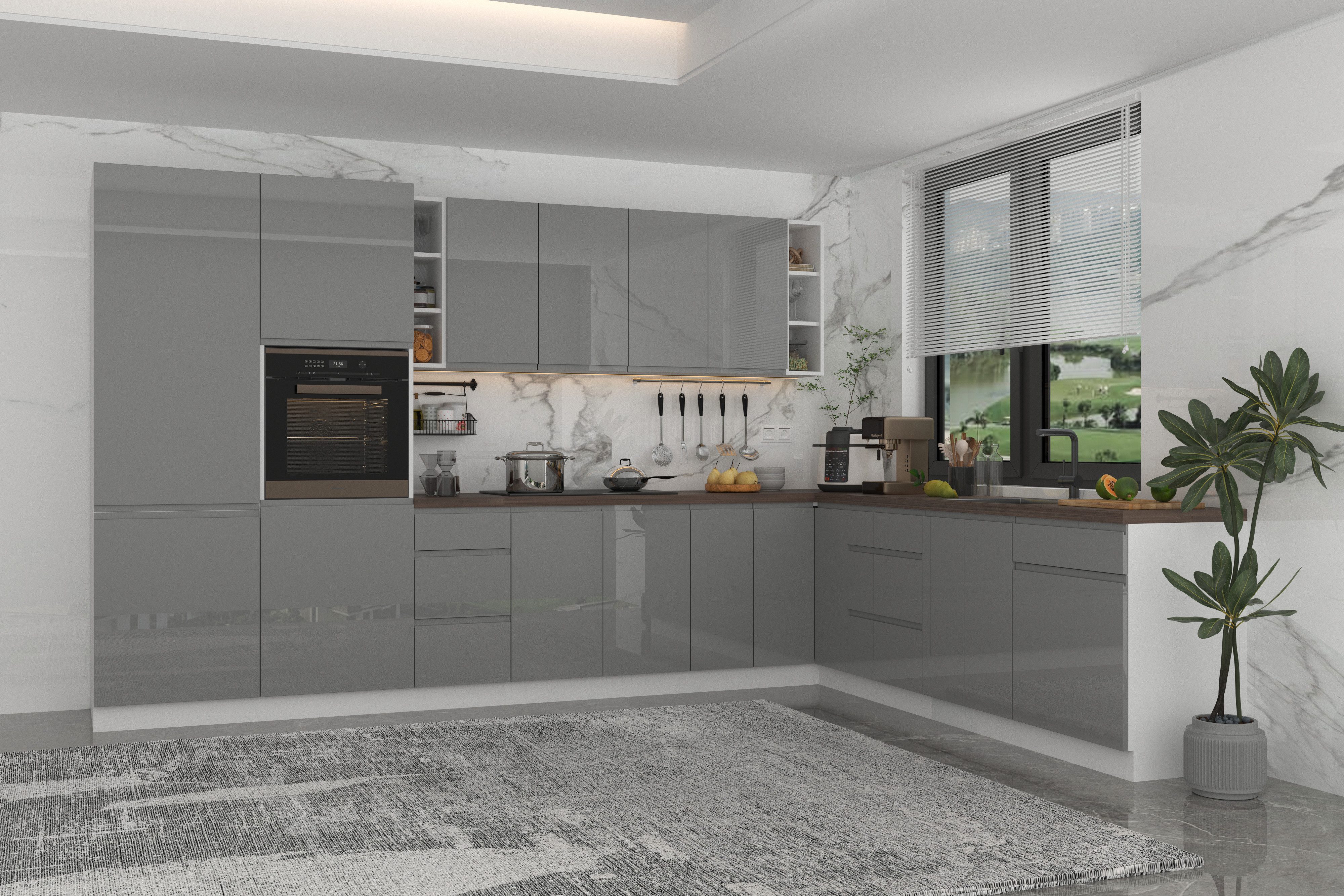 ROYAL24_MARKT Winkelküche - KA4-M350 - Aspen Grau / Weiß Hochglanz, (Komplett Set), Edles Material - Zeitlos - Elegant