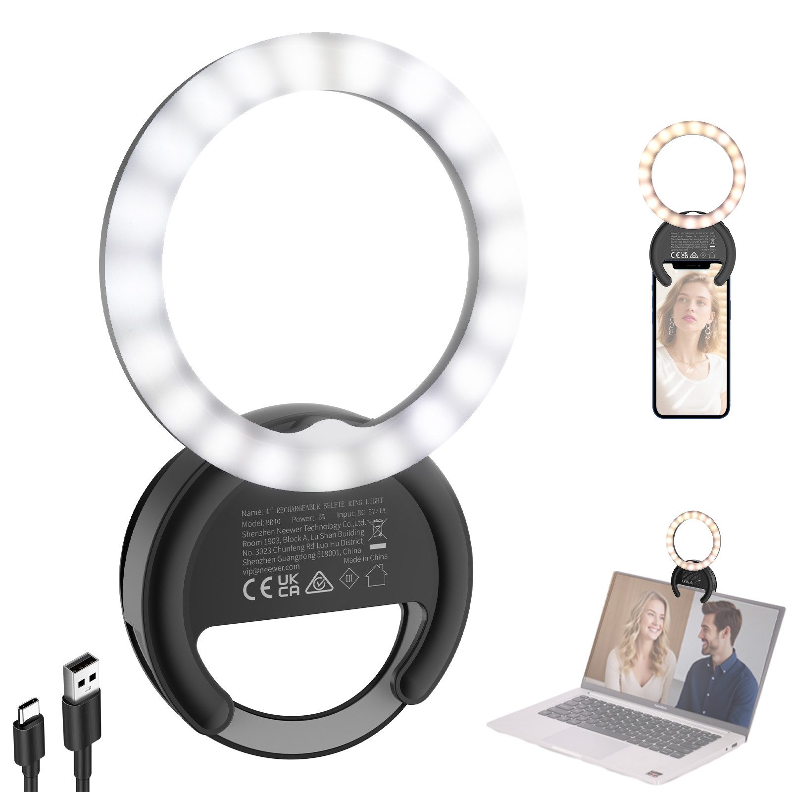 Neewer Videoleuchte BR40 4" Selfie Ring Light Handy kompatibel mit iPhone, 5W zweifarbiges wiederaufladbares Clip Handy Licht