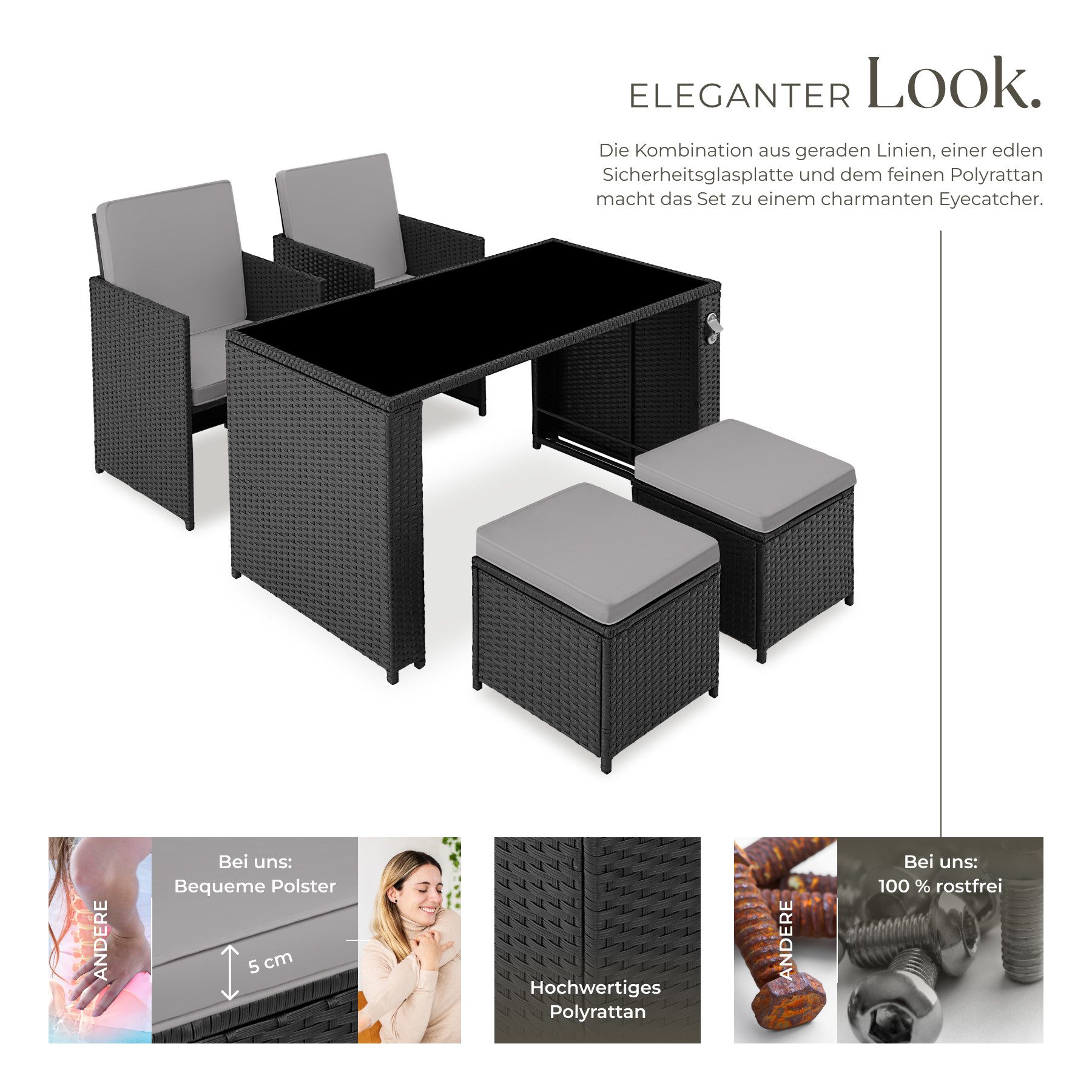 tectake Sitzgruppe Rattan-Gartenlounge für 2 bis 4 Personen, inklusive Flaschenöffner, (Loungeset Palermo, 5-tlg., für Außen in Schwarz/Grau), widerstandsfähig, UV-beständig, mit Sicherheitsglasplatte