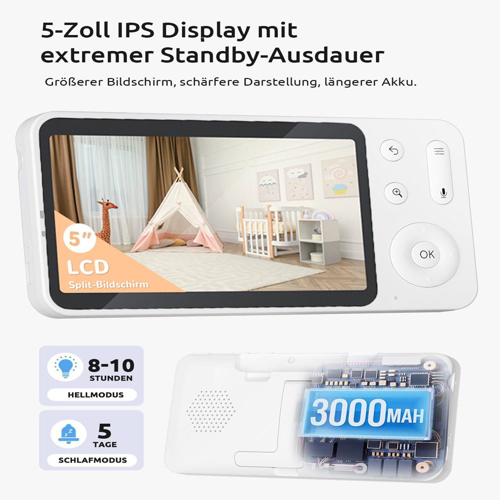 Avylet Babyphone 2K/5,0 Zoll WLAN Babyphone mit Kamera und App IR/RBG Nachtsicht, Automatische Verfolgung, Video Babyfon PTZ 360° Überwachungskamera Innen für Haustier, Weinen/Bewegungs/Geräuscherkennung, Temperatur, Schlaflieder, 4× Zoom,Nachtlicht, 2-Wege-Audio,Feuchtigkeitsmessung