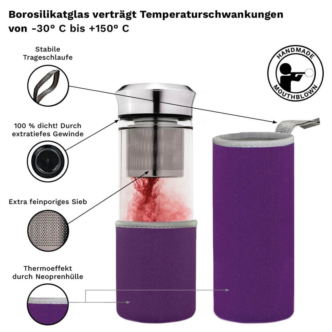 Thermoflasche Creano 400 ml, Edelstahldeckel „Lila“ Teamaker