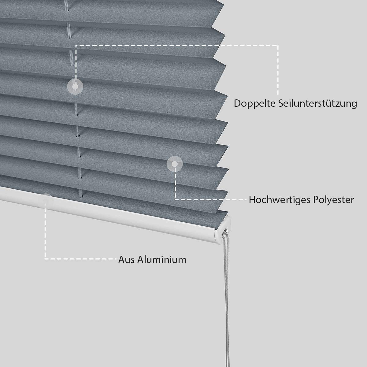 Sekey Plissee Plissee ohne Bohren lichtdurchlässig Rollo Faltrollo verspannt Grau, Klemmfix, Faltenstore Klemmfix Lichtschutz und Sichtschutz inkl Klemmträger