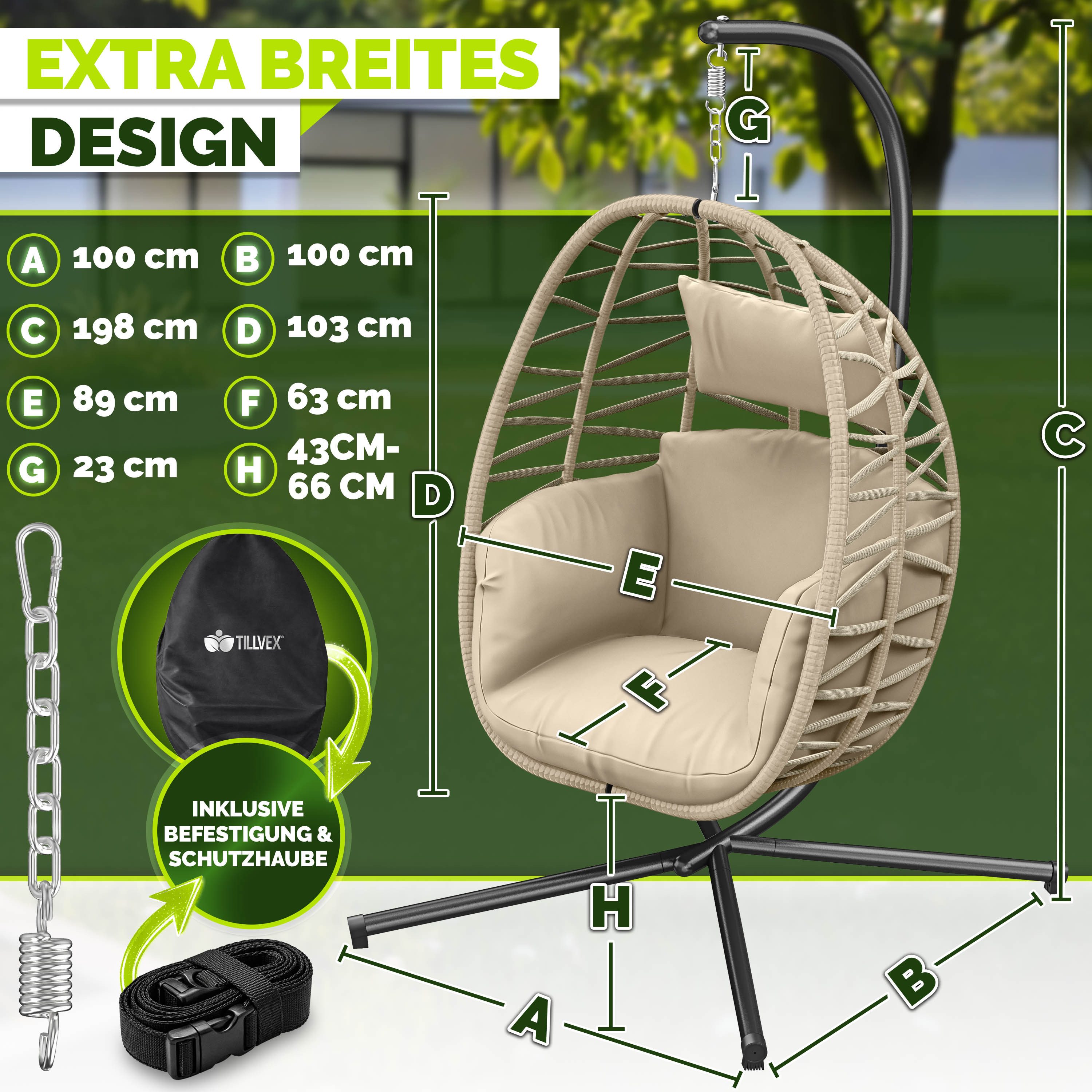 tillvex Hängesessel tillvex® Swivo Hängesessel mit Gestell inkl. wetterfester Abdeckung (Hängekorb klappbar bis 150 kg, Hängesitz aus Rattan, Hängestuhl für Ind – Bild 2 von 5
