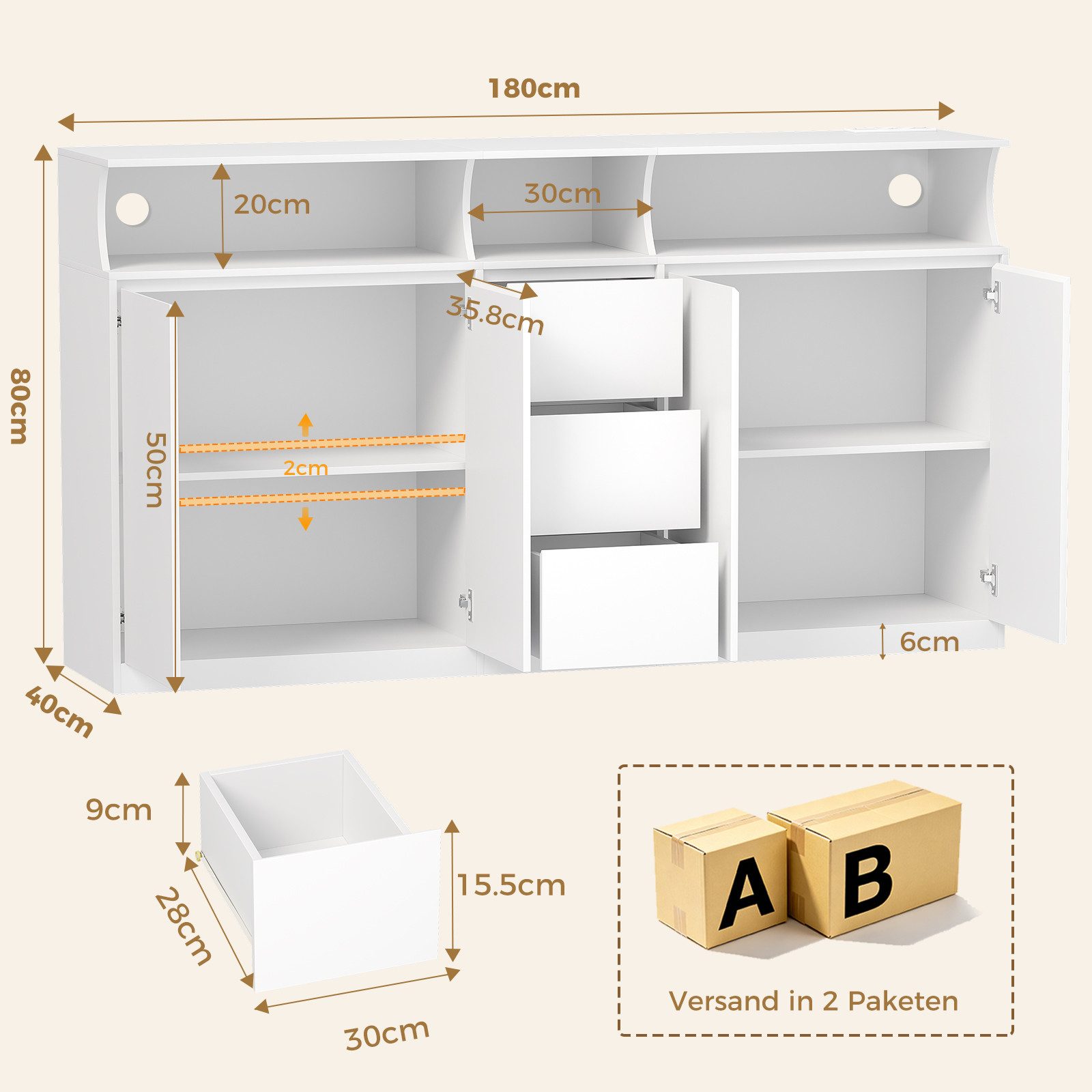 BEWISHOME Sideboard Küchenschrank mit Arbeitsplatte, Küchenbuffet Buffetschrank (2 St), – 180×40×80 cm