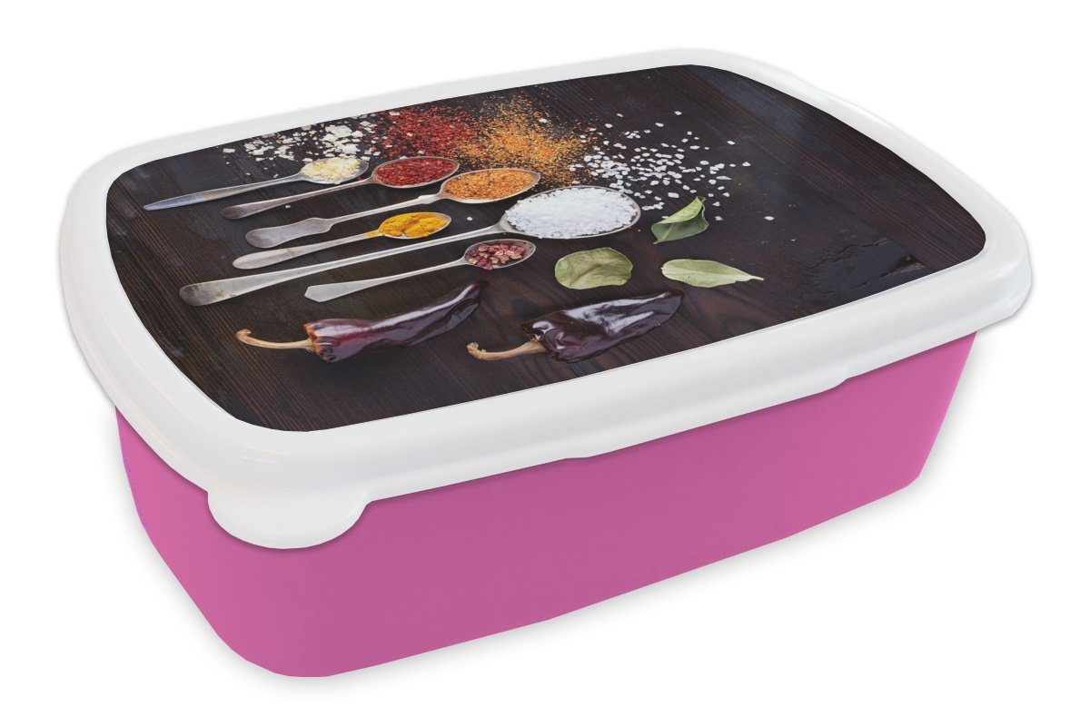 Lunchbox - rosa Kunststoff Gewürze Mädchen, Brotbox Kräuter Kunststoff, - MuchoWow Kinder, Löffel - Brotdose (2-tlg), Erwachsene, Industrie, Snackbox, für
