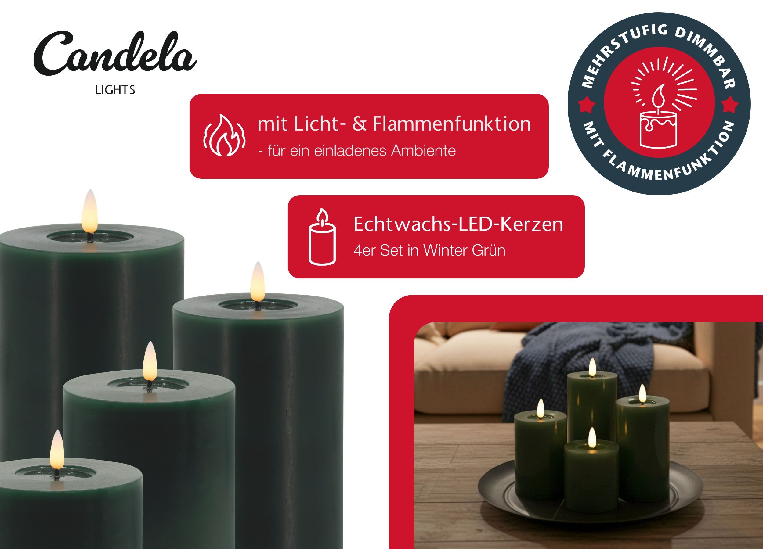 LC Home LED-Kerze Candela Lights LED Kerzen 4er Set Stumpenkerze inkl. Kerzenteller – Bild 5 von 5