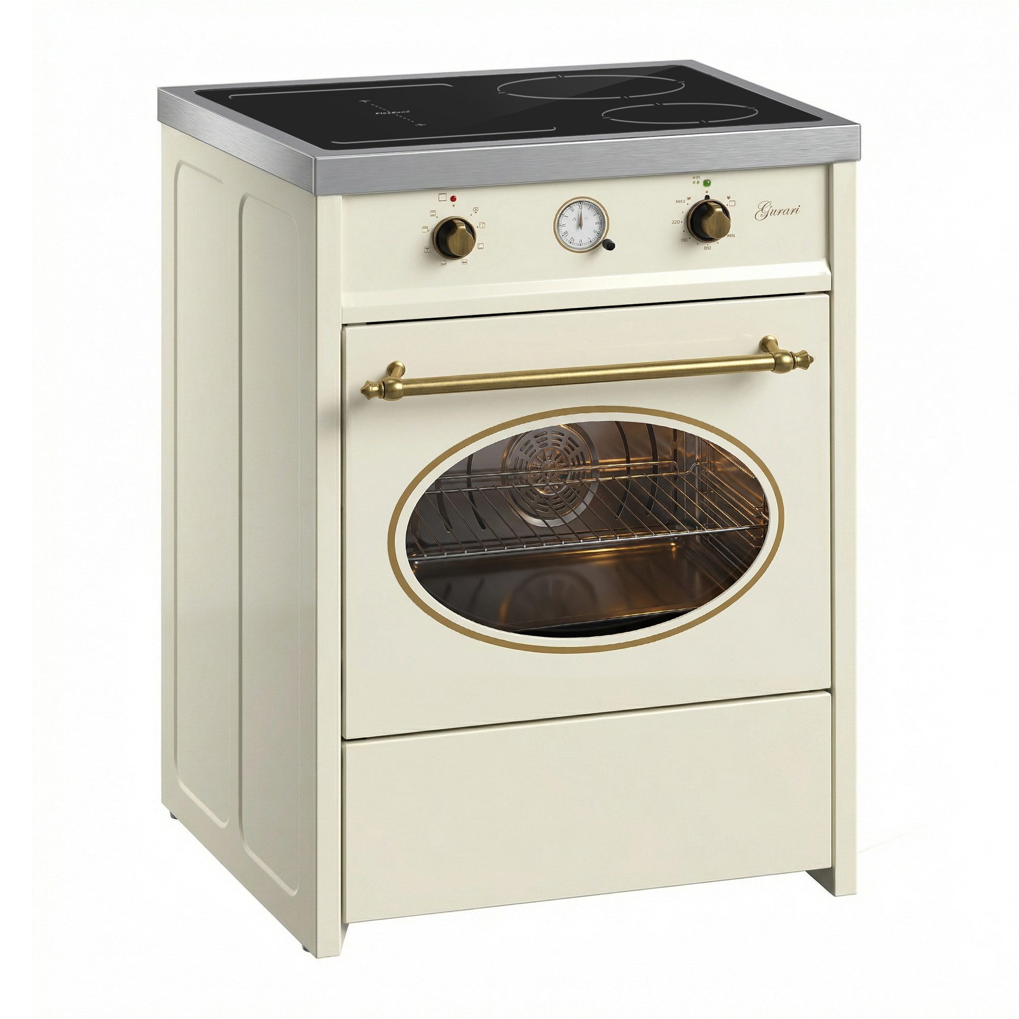 GURARI Induktions-Standherd Retro Elektro Standherd 60 cm mit Induktionskochfeld 4 Kochzonen mit Booster GCH E 612 Cr r., mit 1-fach-Teleskopauszug, Easy-Clean Emaille, Multifunktions-Elektro-Backofen 60 L, Heißluftsystem, Infrarotgrill