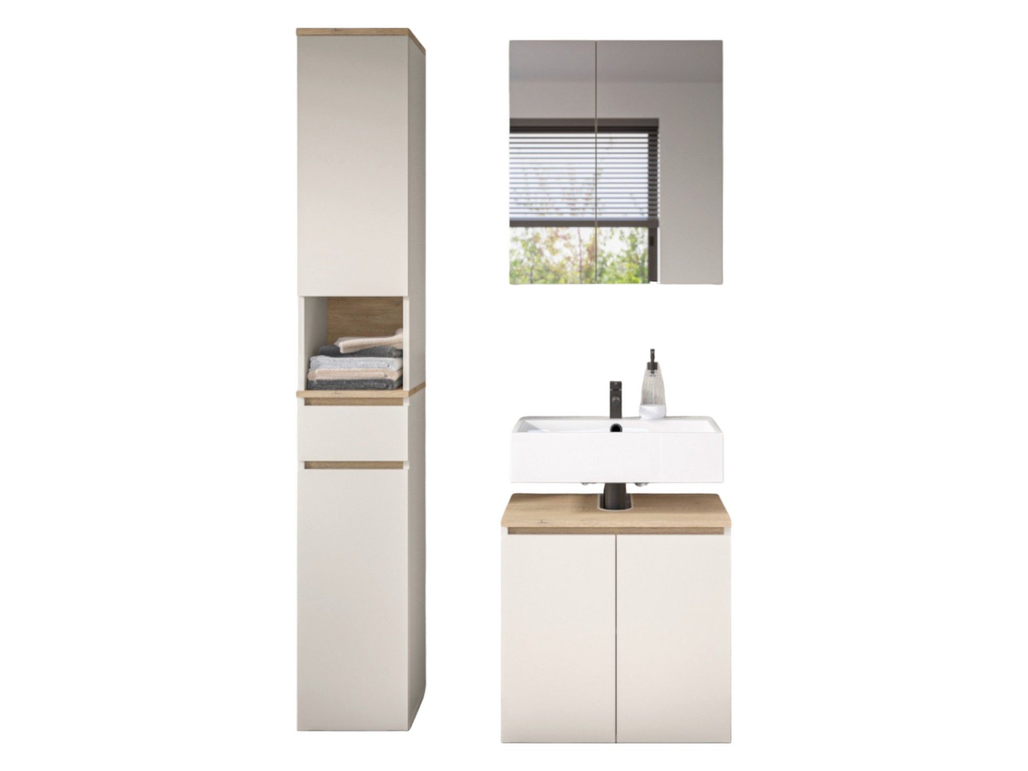 moebel-dich-auf Badmöbel-Set LONDRES, (Set 2, 3-St., Spiegelschrank, Wbu, Hochschrank), in kaschmir oder anthrazit, Absetzung: Cremona Eiche