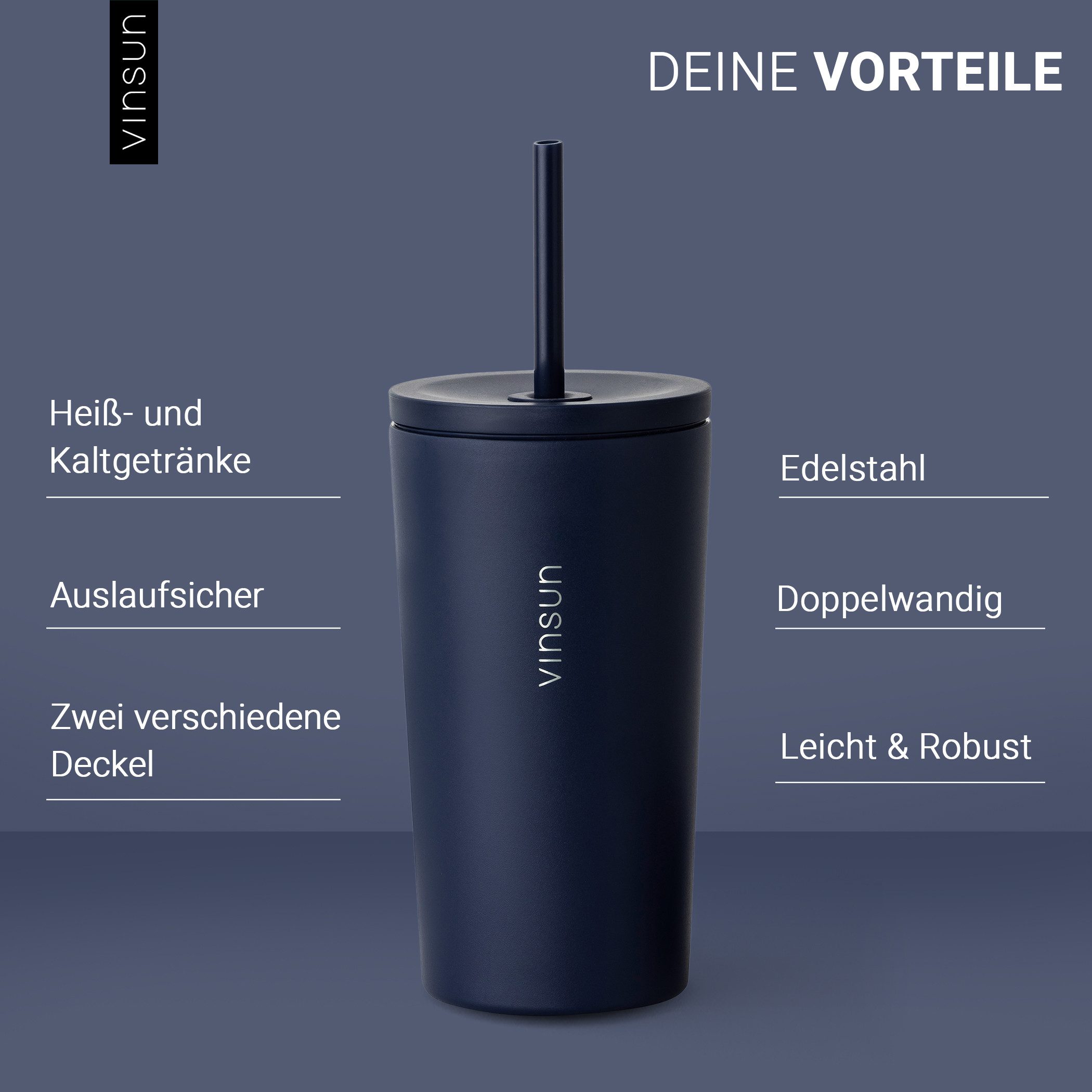 Vinsun Thermobecher Edelstahl Becher mit Strohhalm 480ml - Isolierbecher auslaufsicher, 4-tlg., Edelstahl, Doppelwandig isoliert, BPA frei, bruchfest, Kalt- und Heißgetränke