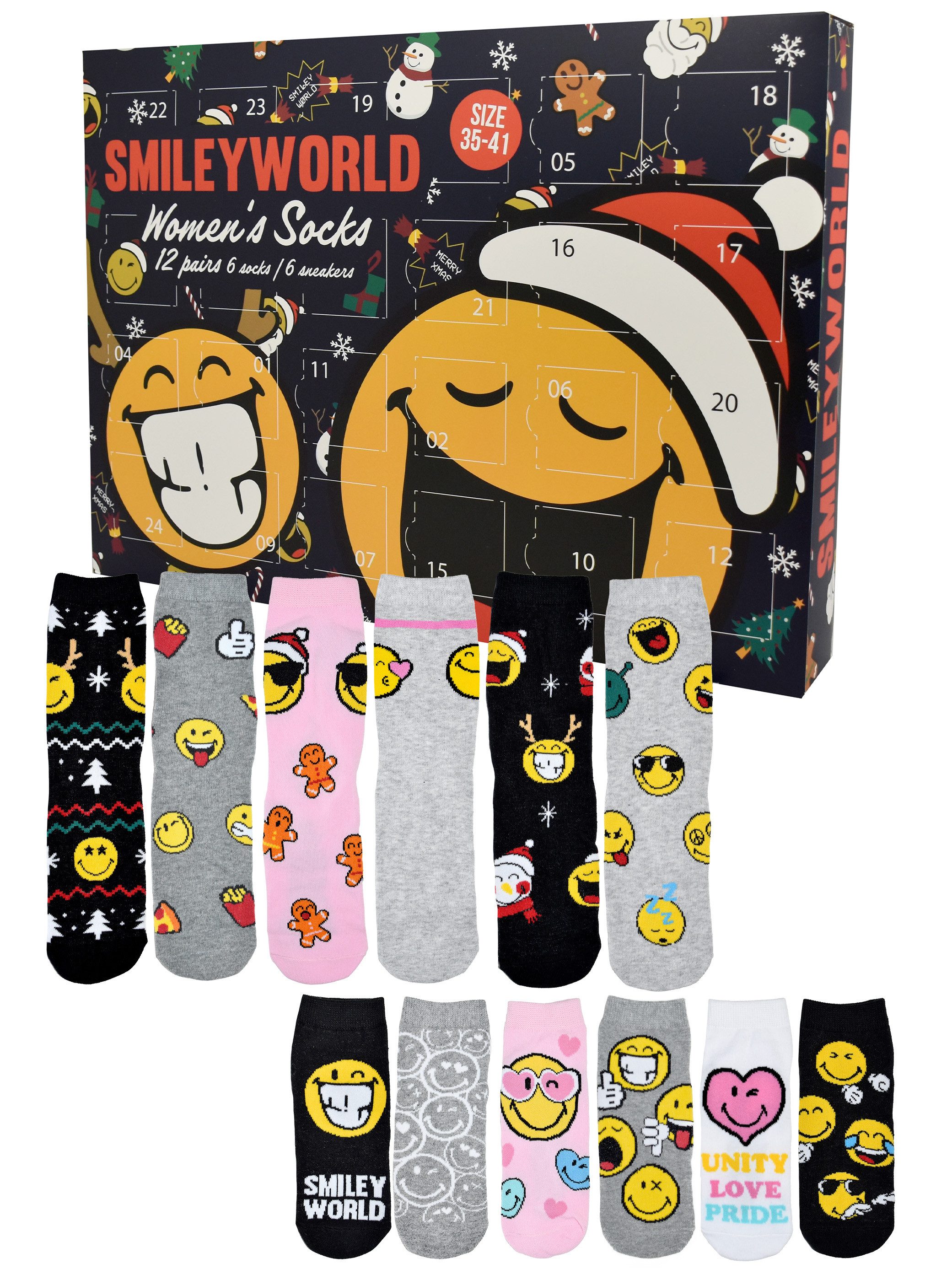 United Labels® Adventskalender Smileyworld Socken Adventskalender mit 12 Paar kurz und lang