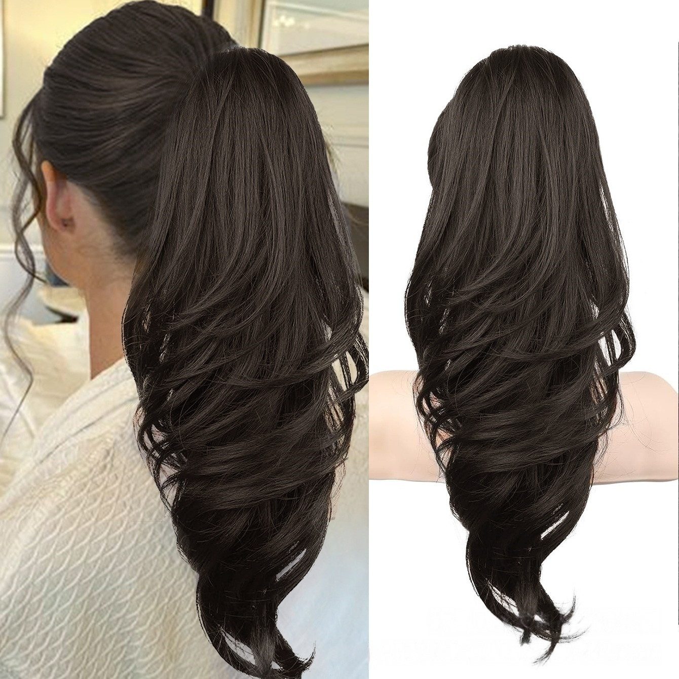 Zaewry Haarspange 46 cm Lange Lockige Wellige Clip in Pferdeschwanz Haarverlängerungen