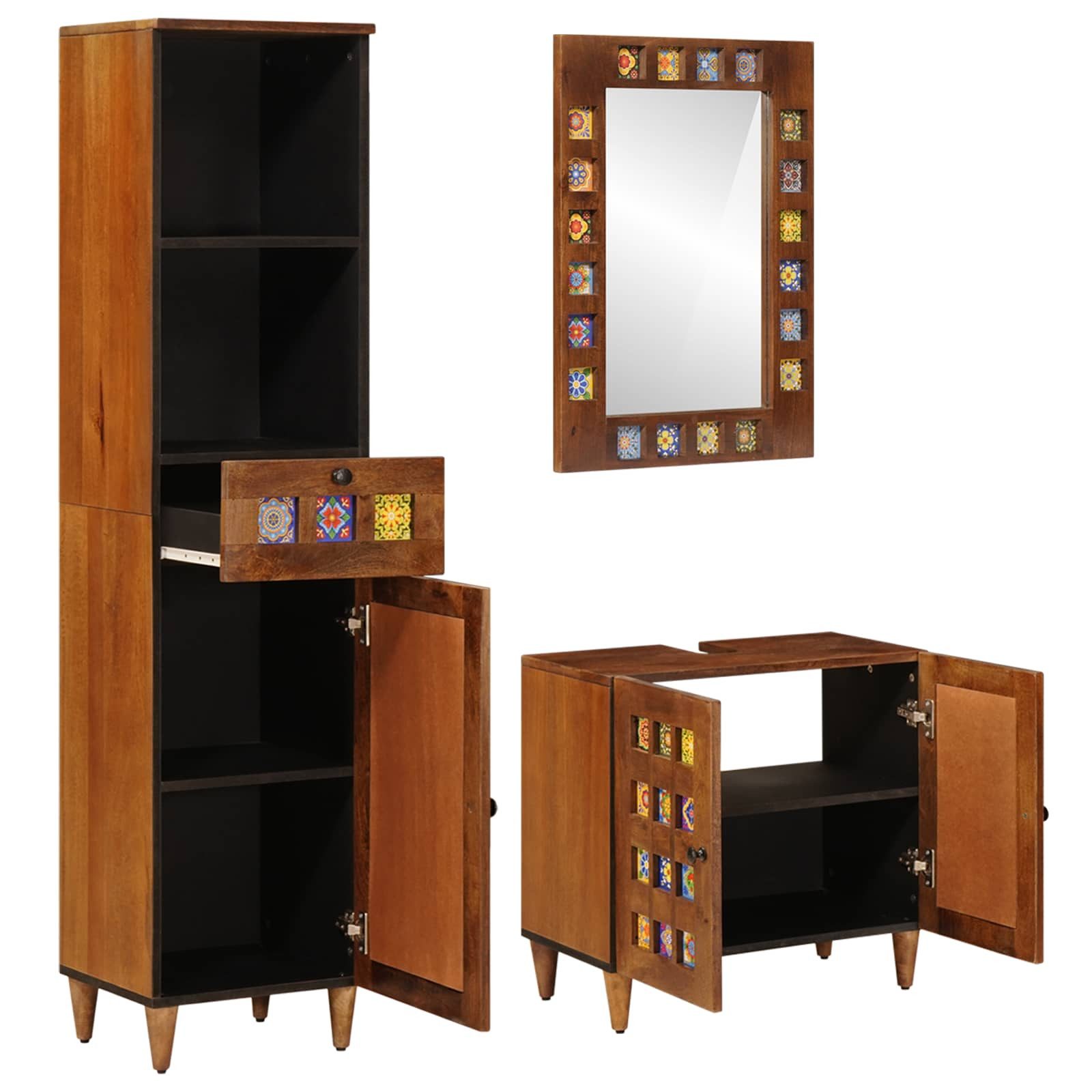 vidaXL Badezimmer-Set Badezimmermöbel-Set mit Regal 3 pcs Walnuss Massivholz, (3-St)