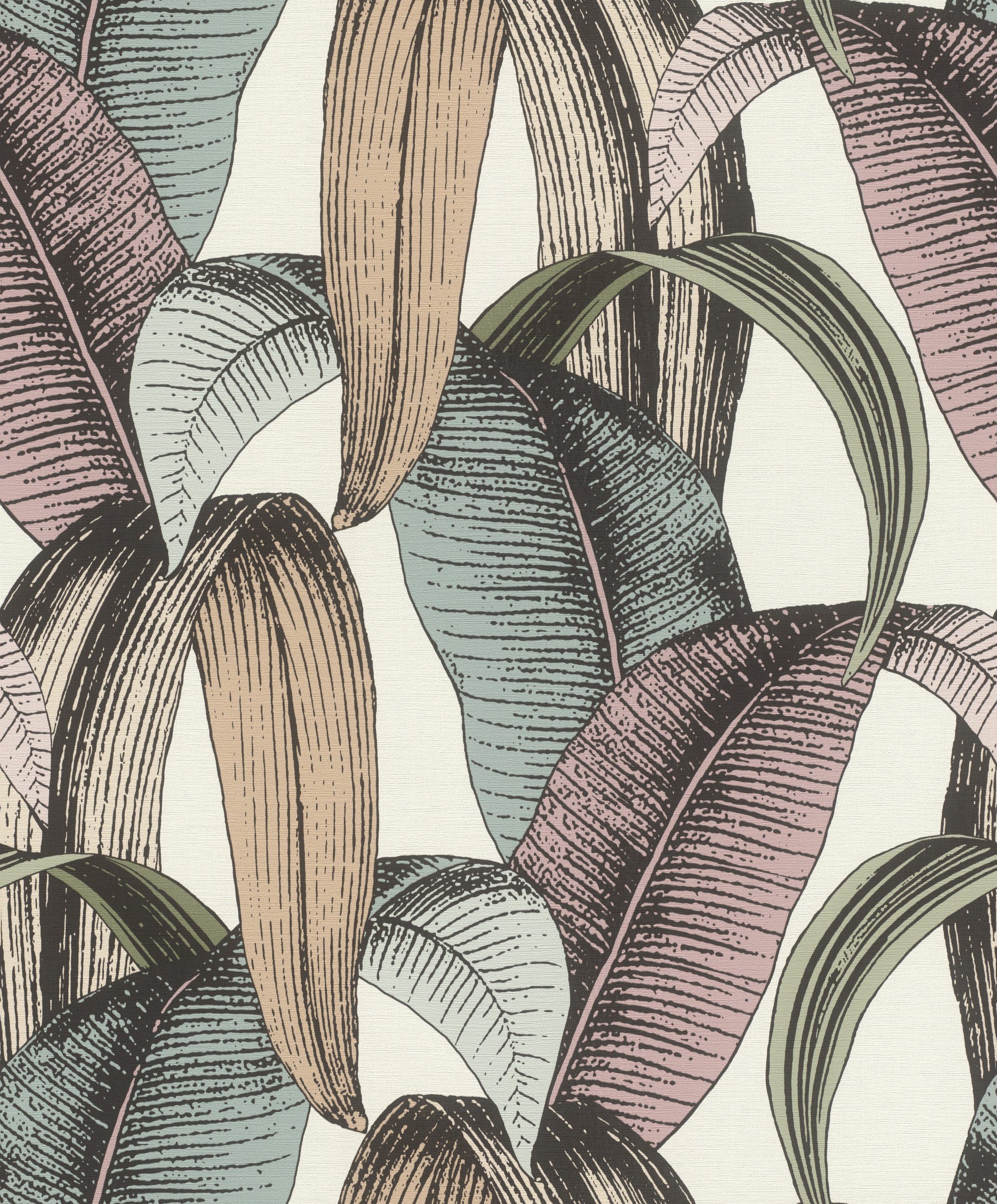 Rasch Vliestapete Blätter & Botanisches Muster - Vinyltapete Weiß Braun Grün, floral, (1 Rolle, 1 St., 10,05 m x 0,53 m), Lichtbeständige Farben - Feucht abwischbar - Restlost abziehbar