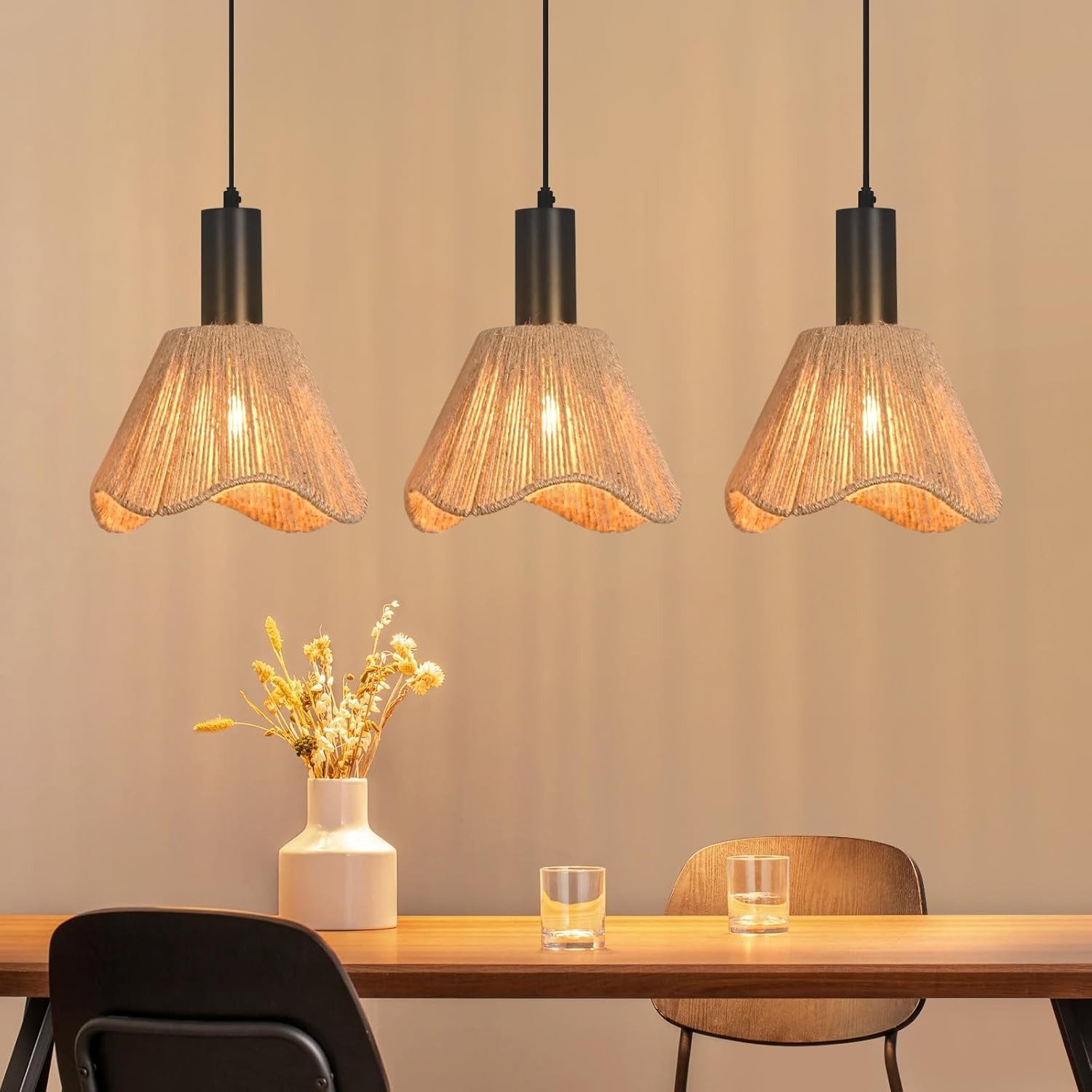Nettlife Pendelleuchte Schwarz Papier Retro Boho Hängelampe mit 1/3 flammige E27 Fassung, Höhenverstellbar, ohne Leuchtmittel, ob …