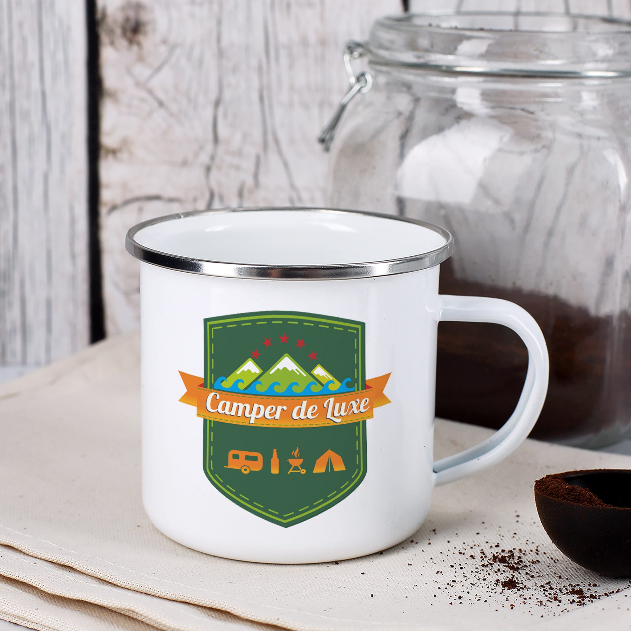 Herz & Heim Tasse aus Metall für Camper mit Camping-Motiv
