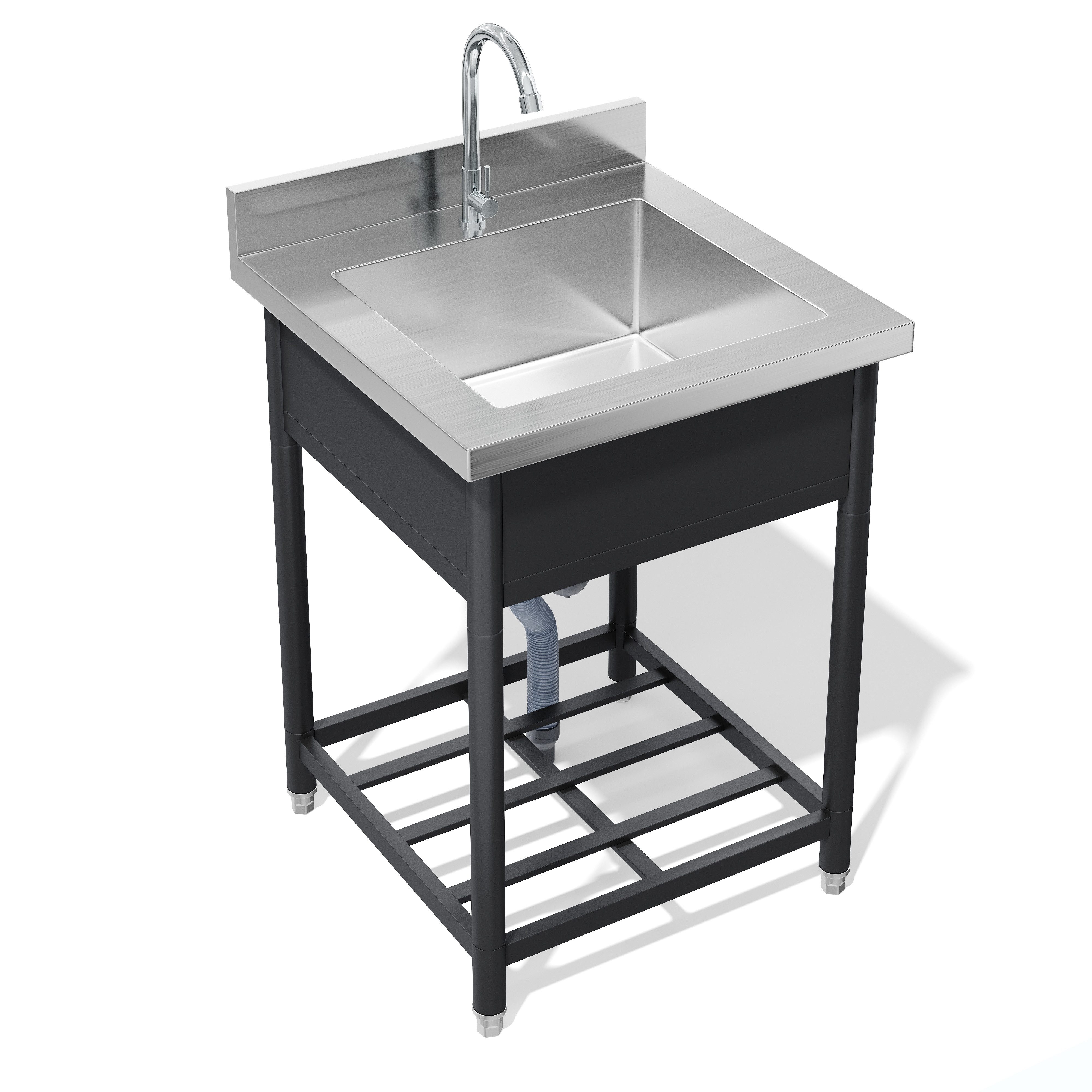 Flieks Outdoor-Küchenmodul Küchenspüle Edelstahl-Spülbecken mit Wasserhahn und Abfluss (Garten-Waschtisch mit höhenverstellbarer Füßen, 1-St) Outdoorspüle Gartenspüle Campingspüle Messespüle mit Ablagen Schwarz