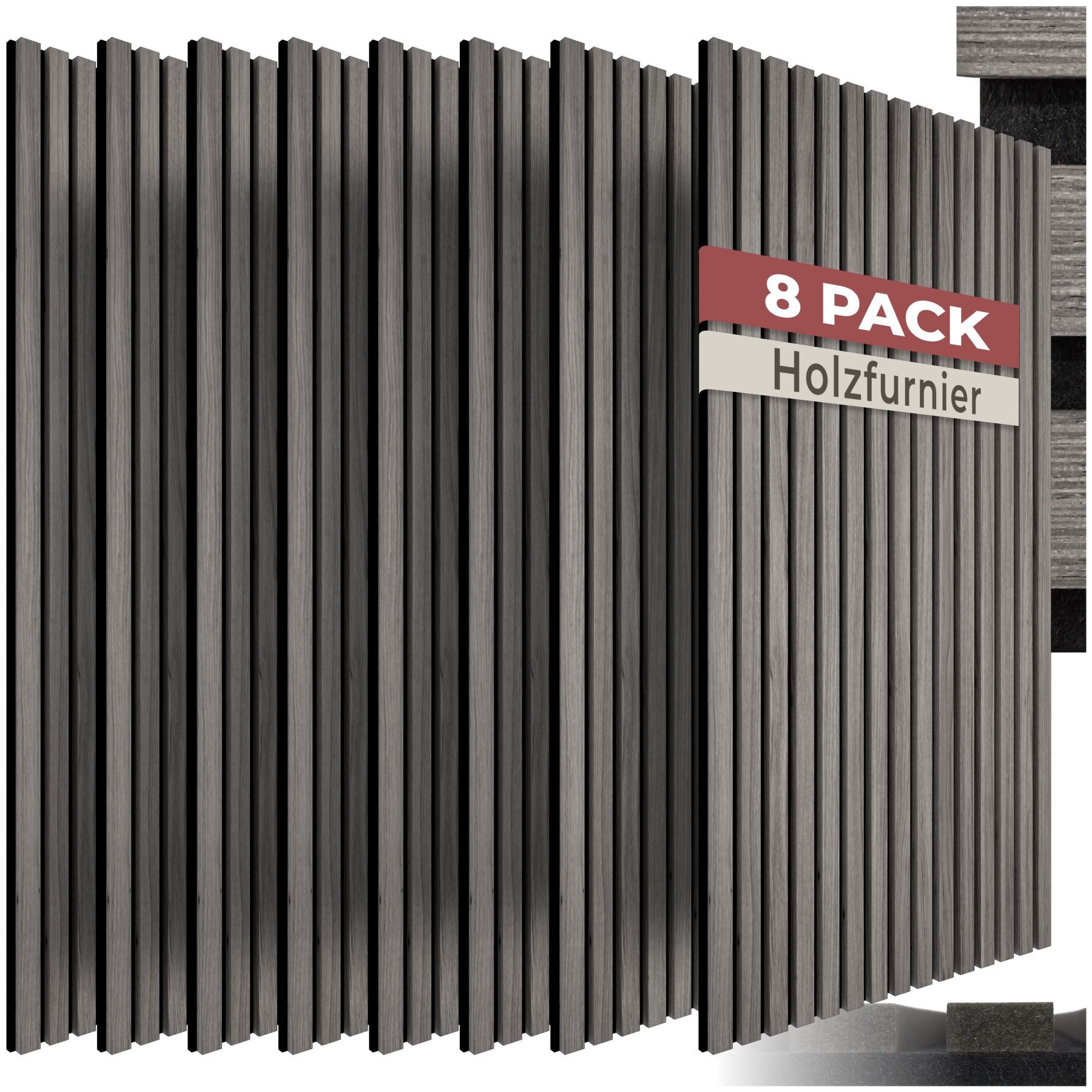 tectake Wandpaneel Akustik Lamellenpaneel 120 x 60 cm Echtholzfurnier 3D, BxL: 60x120 cm, (Akustikmodul SonicWall III, 8-tlg., in Eiche hellgrau) einfache Montage mit Kleber und Schrauben, Inkl. Montageanleitung