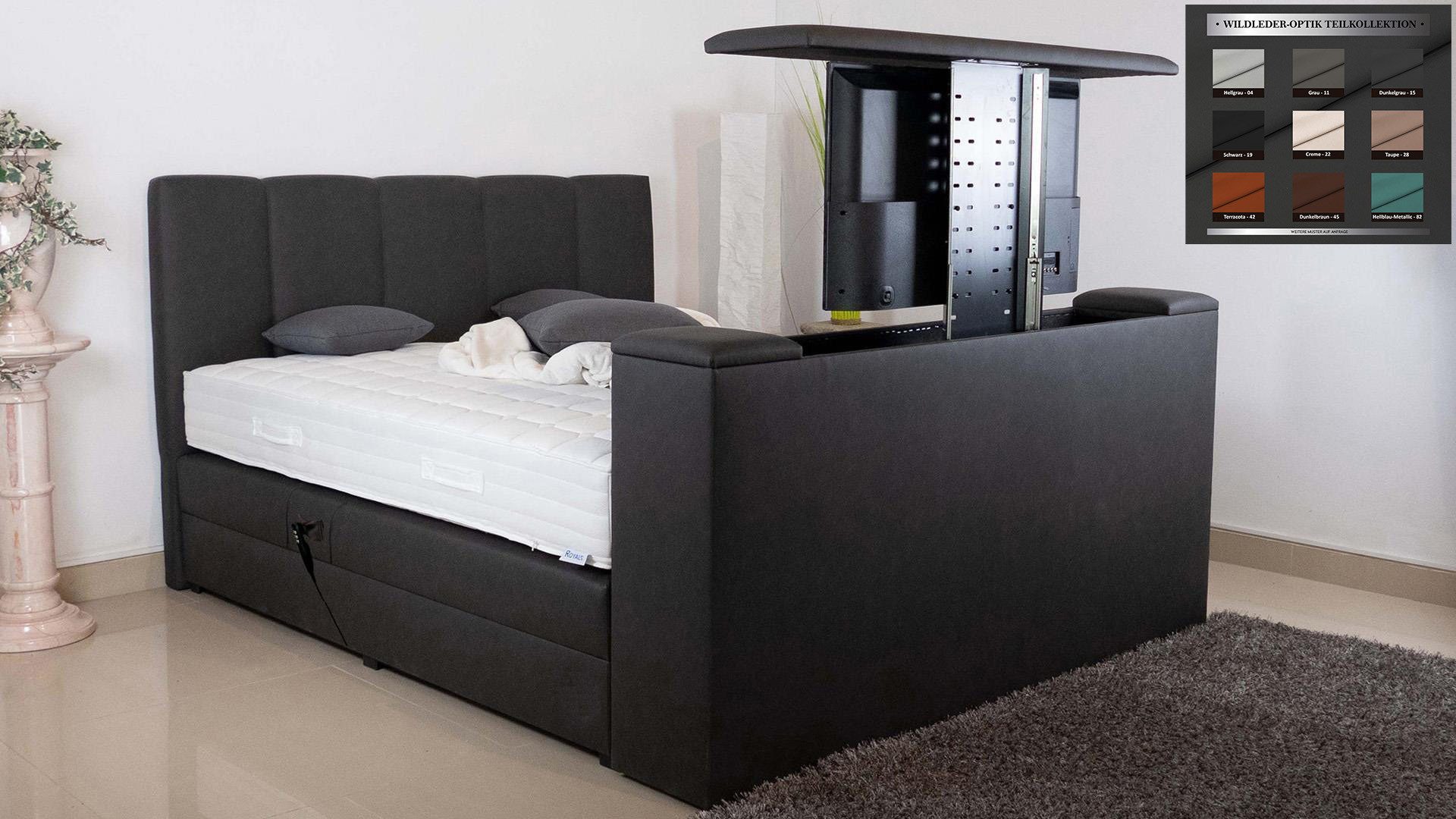 PAARA Boxspringbett Chicago elektrisch verstellbar mit Motor + TV Lift, mit einzigartigem Belüftungssystem