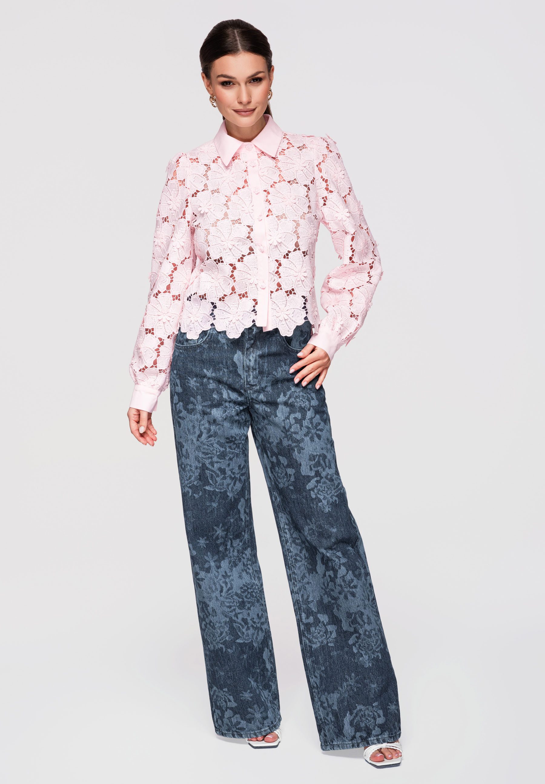 OMBRE Hemdbluse Damen Spitzenbluse Kurz Slim-Fit Elegant Rose L (kein Set, 1-tlg) Transparente Struktur, florales Spitzenmuster