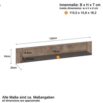 Lomadox Wandregal GIBBSTON-19, in Tabak Eiche Nb. mit Matera anthrazit, B/H/T: ca. 135/24/20 cm