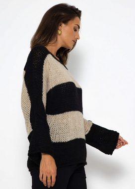 SASSYCLASSY Strickpullover Oversize Pullover Damen aus weichem Grobstrick Lässiger Strickpullover lang mit Streifen, Made in Italy