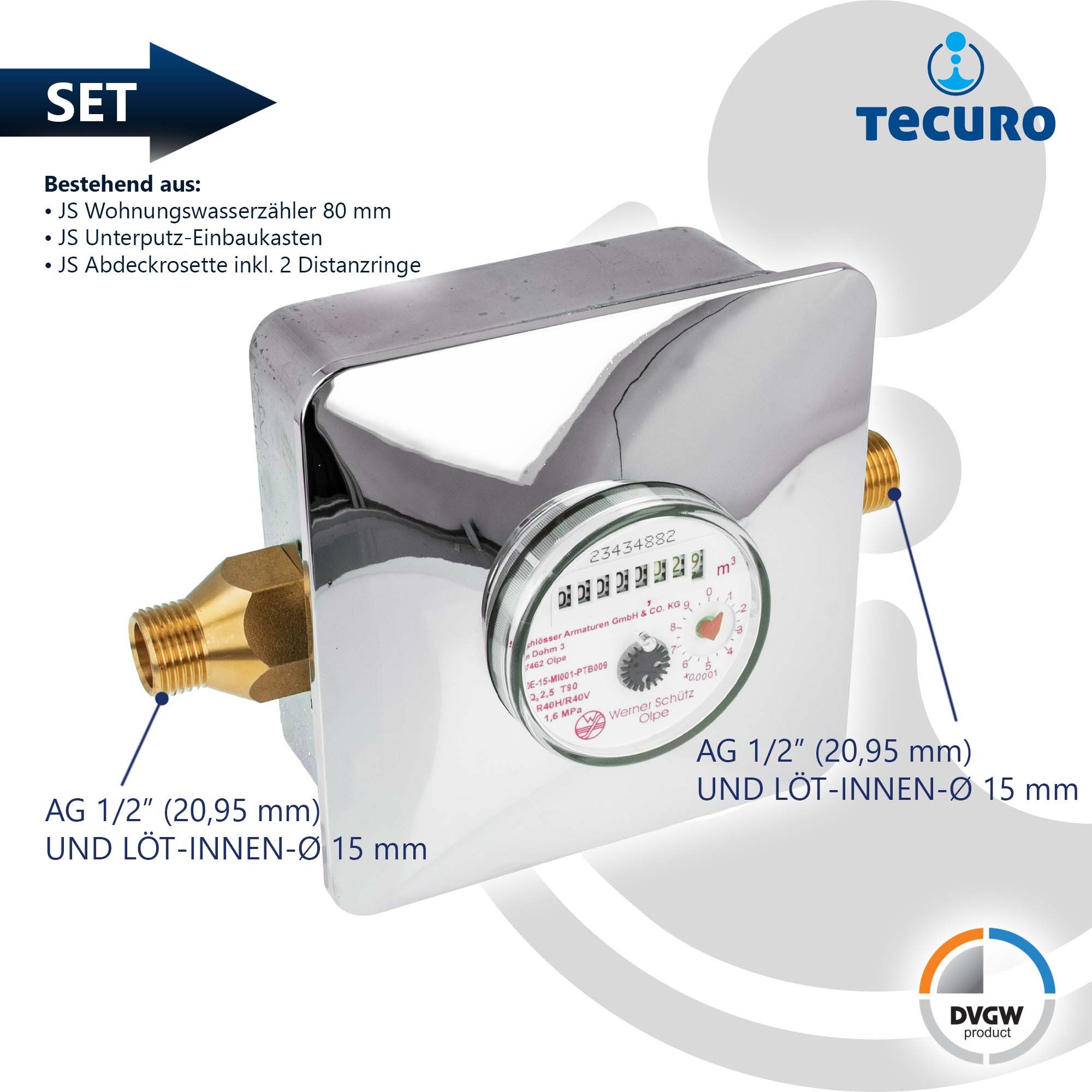 tecuro Wasserzähler Unterputz Einstrahlzähler System ETK Komplett-SET, Länge 80 mm, (Komplett-Set)