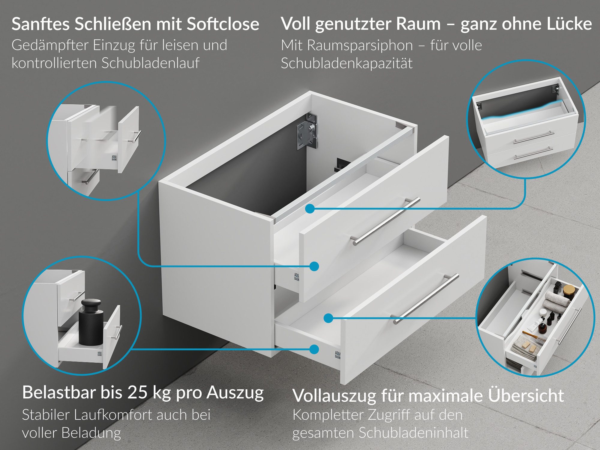 Aqua Bagno Badmöbel-Set Badmöbel-Set 80 cm in Weiß Hochglanz mit Eicheplatte & Aufsatzbecken, (5-St., Badmöbelschrank mit Trägerplatte, Waschbecken), einfache Montage