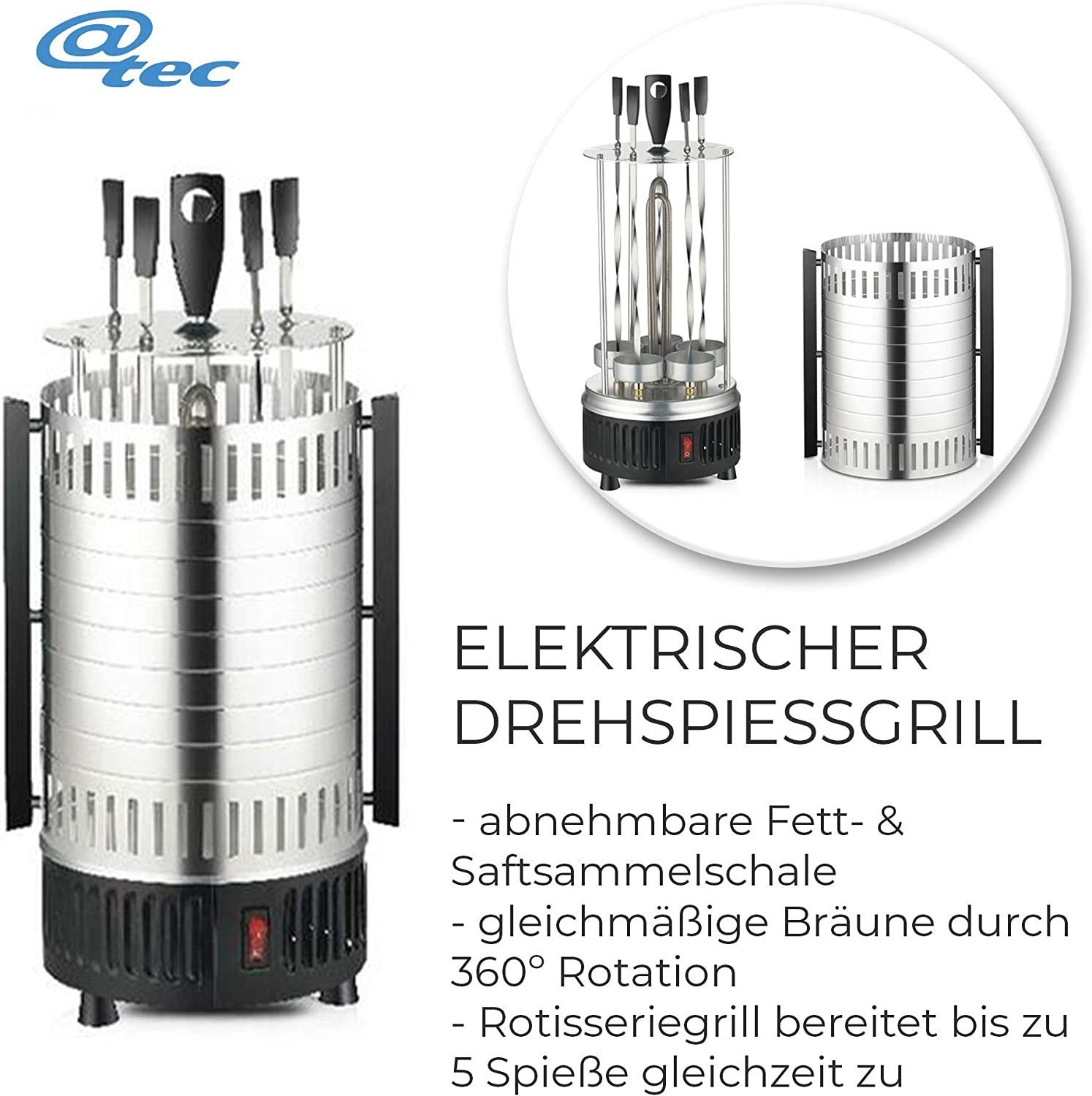 Grill Garnelen-Spieße Vertikalgrill BBQ Edelstahl Elektro Rund Tischgrill @tec BBQ Fleisch-, Tisch 900W, für