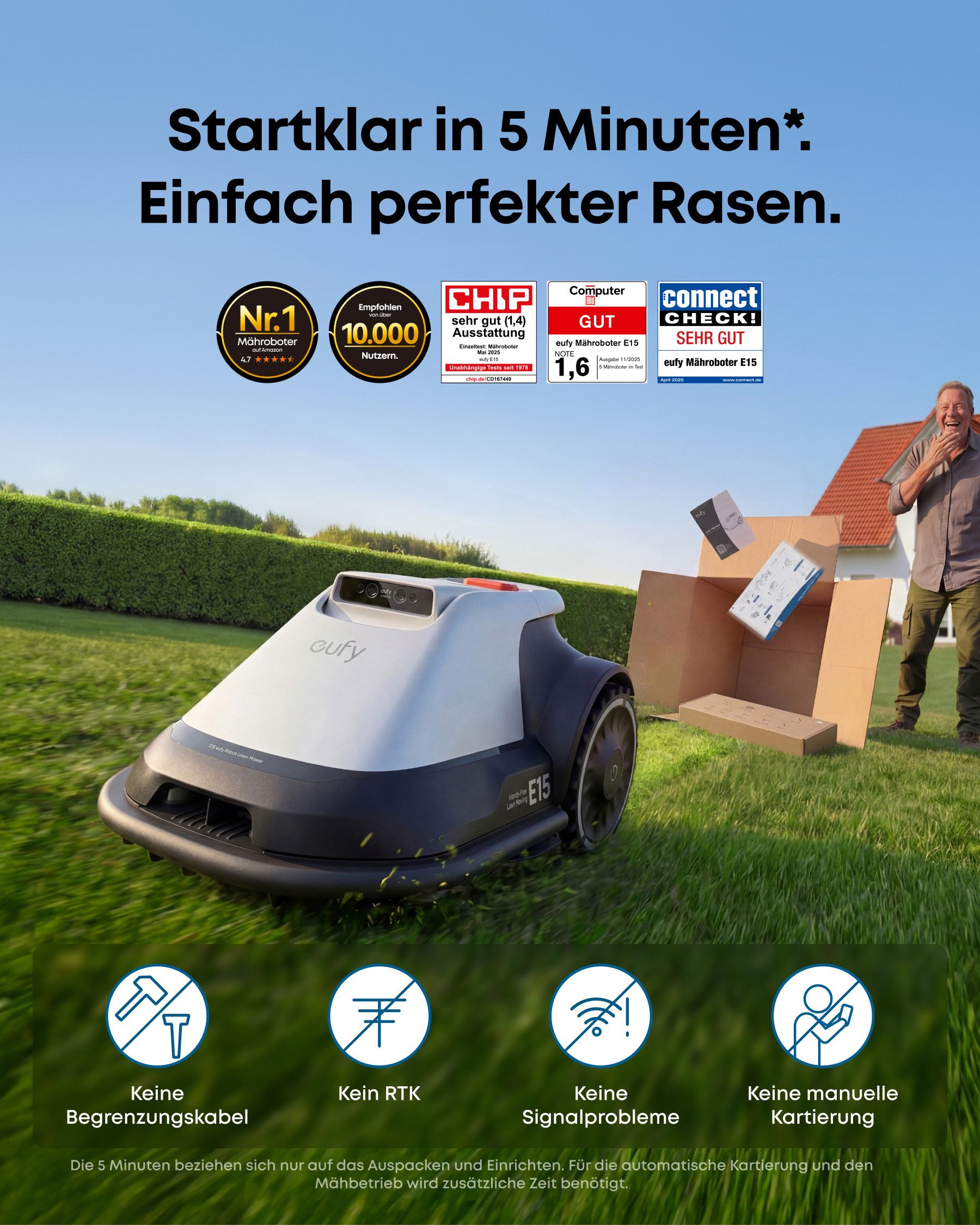 eufy Rasenmähroboter E15&E18 ohne begrenzungsdraht, bis 800 m² Rasenfläche, (App-Steuerung), mit ladestation,mit Regensensor,Diebstahlschutz
