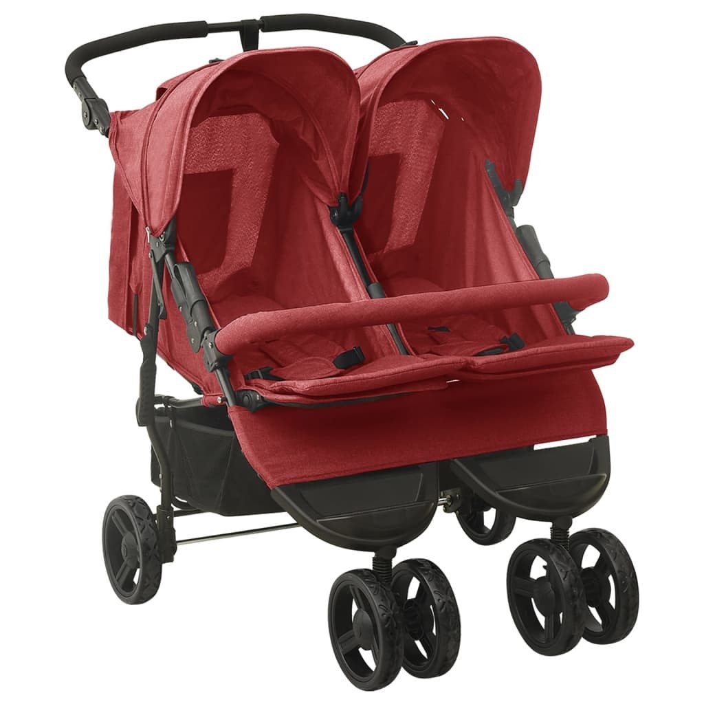 vidaXL Kombi-Kinderwagen Kinderwagen Kinderkarre Buggy Zwillings-Geschwisterwagen Rot Stahl