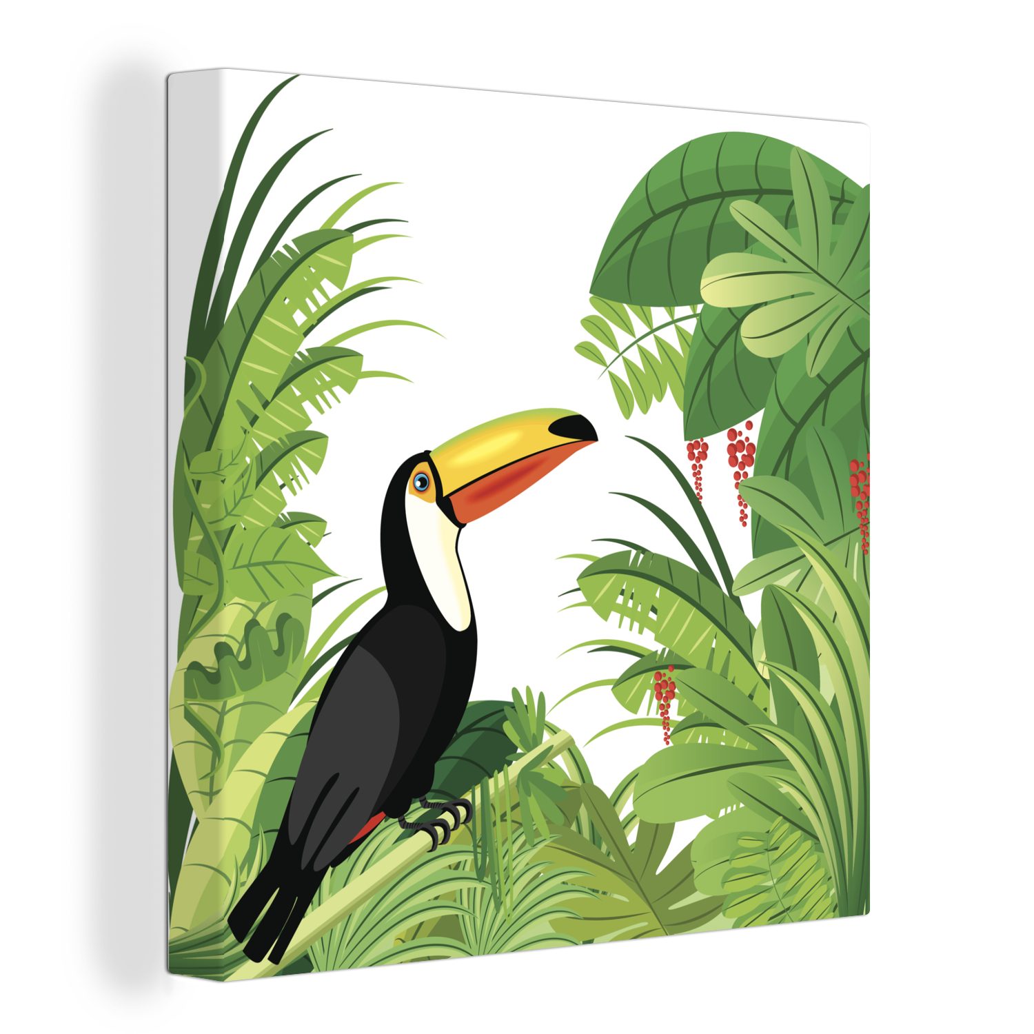 OneMillionCanvasses® Leinwandbild Vektor-Illustration eines Tukans und eines tropischen Regenwaldes, (1 St), Leinwand Bilder für Wohnzimmer Schlafzimmer