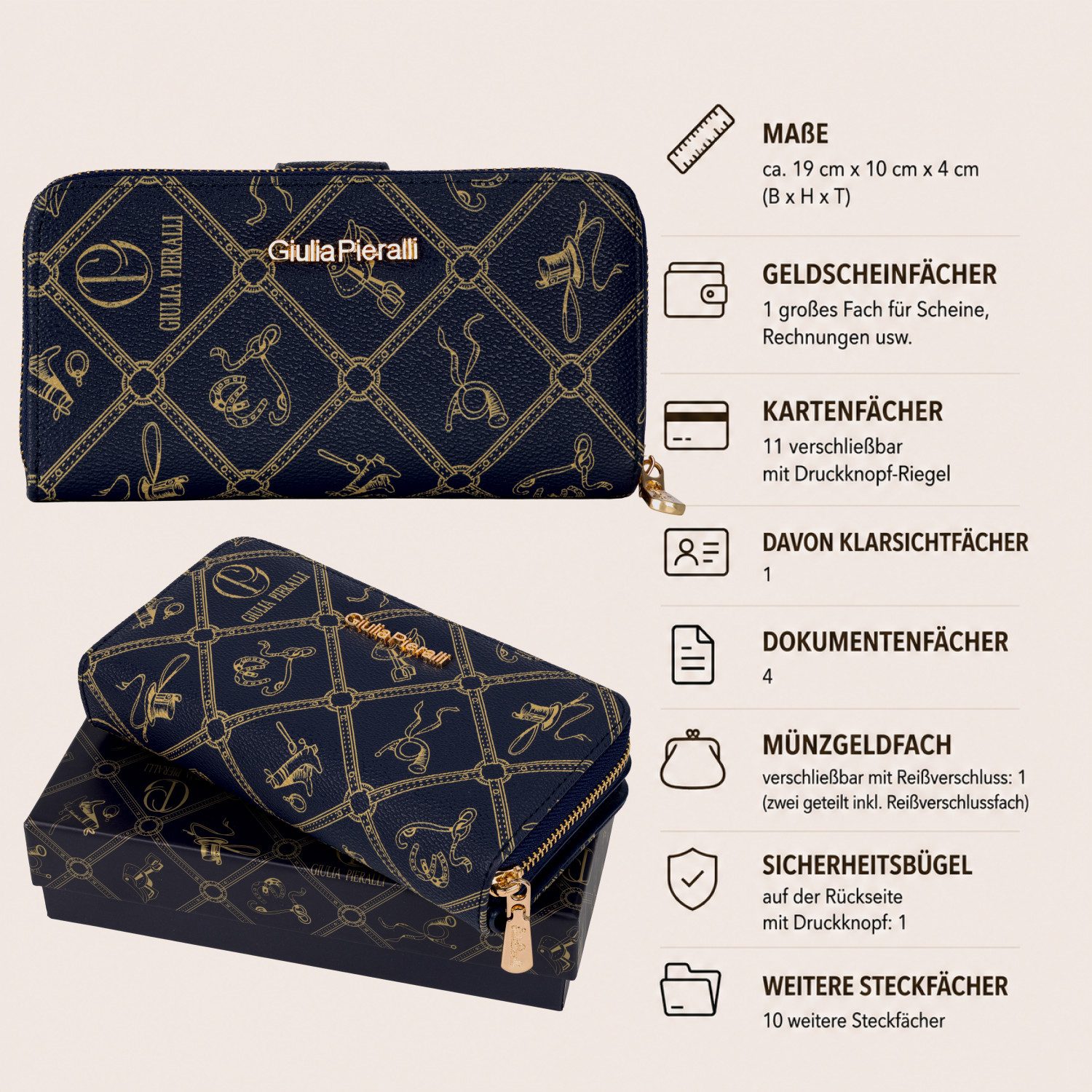 Giulia Pieralli Geldbörse Damen Geldbörse Portemonnaie Giulia Pieralli Kunstleder Geschenkbox XL, Damen Geldbörse klappbar mit Reißverschluss Portemonnaie Geldbeutel