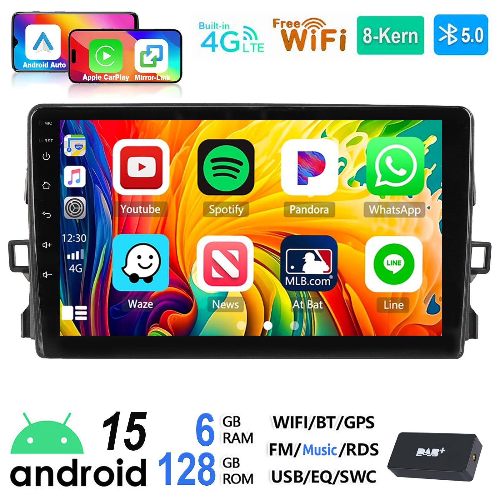 ESSGOO 6+128G DAB+ Autoradio Für Toyota Auris 2006-12 Android 15 Carplay GPS Autoradio (RDS, 6GB+128GB, 4G LTE, FM, AM, DAB+ (optional), ASP, Carplay Android Auto Bluetooth EQ USB GPS Navi WIFI Touchscreen)