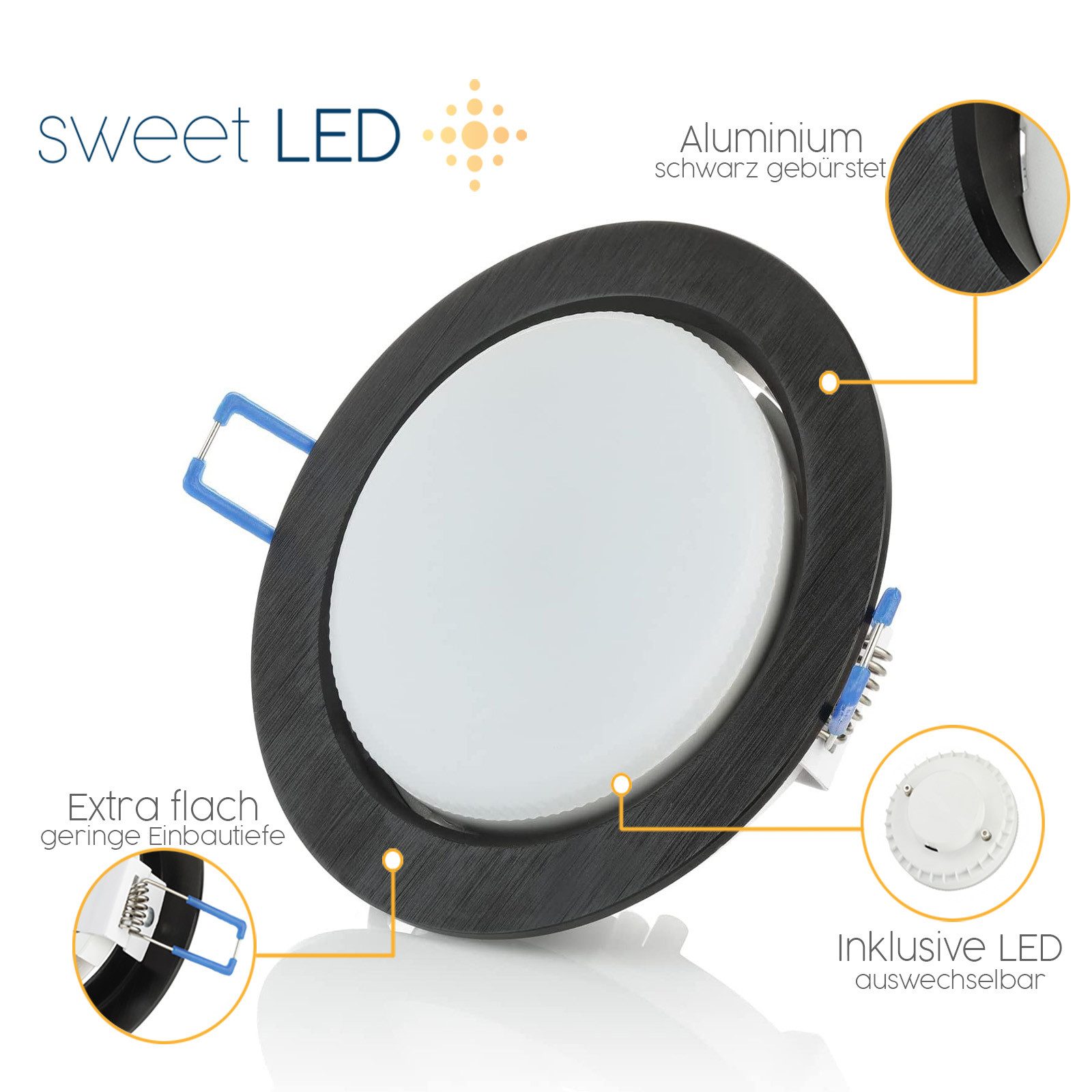 Sweet LED LED Einbaustrahler 3er Set GX53 8.2W Deckenspots neutralweiß schwarz-gebürstet 230V, LED fest integriert, neutralweiß, 4000K, Deckenspots, Deckenstrahler, Einbauleuchten
